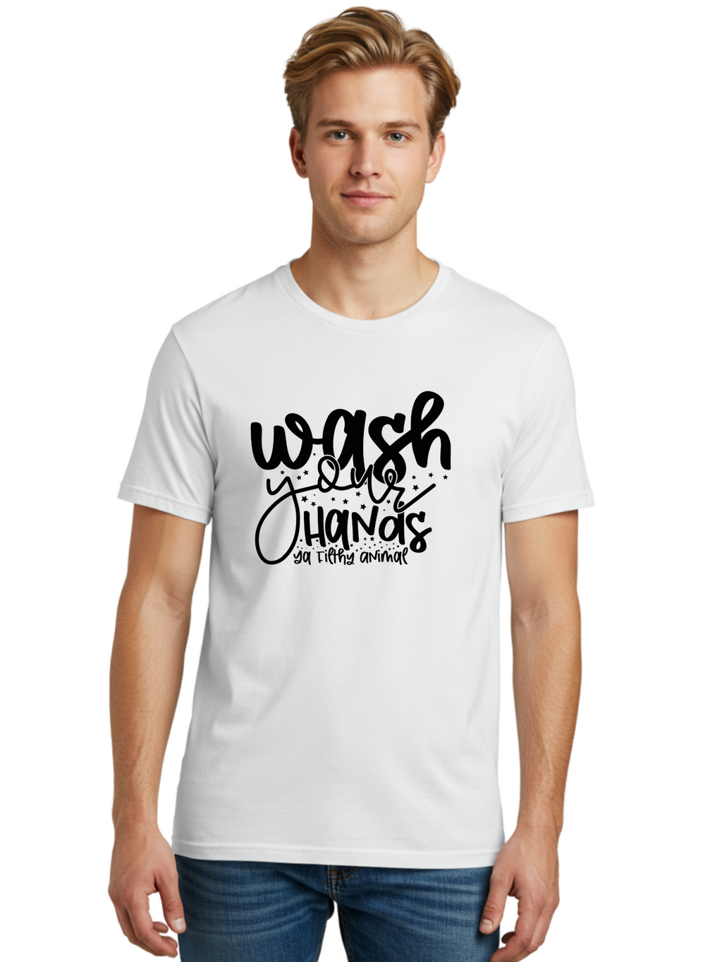 Wash-Your-Hands-Ya-Filthy-Animal Men'S Graphic Tee, 100% Cotton, Comfortable Casual Summer Wear, Machine Washable, Hand Washing Reminder, Hygiene Tips, Cleanliness Matters, Funny Quote, Quirky Humor, Sanitation Advice, Wash Your Hands, Aad498