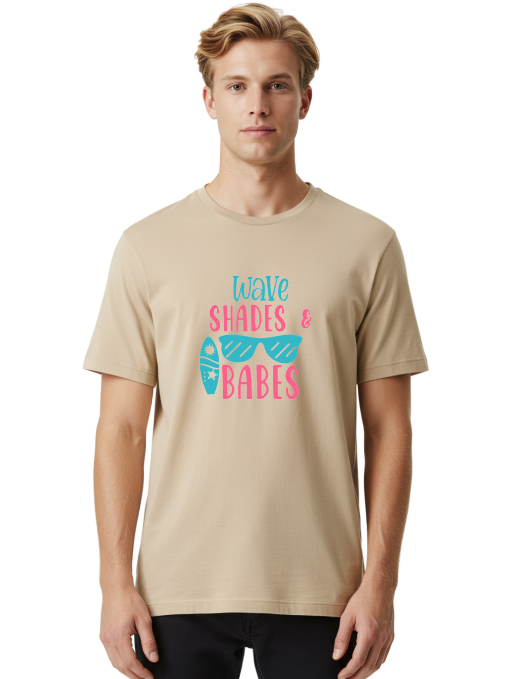 Wave-Shades-Babes Men'S Graphic Tee, 100% Cotton, Comfortable Casual Summer Wear, Machine Washable, Surfing, Sunglasses, Beach Culture, Summer Vibes, Wave Riders, Cool Shades, Beach Babes, Summer Fashion Aad500