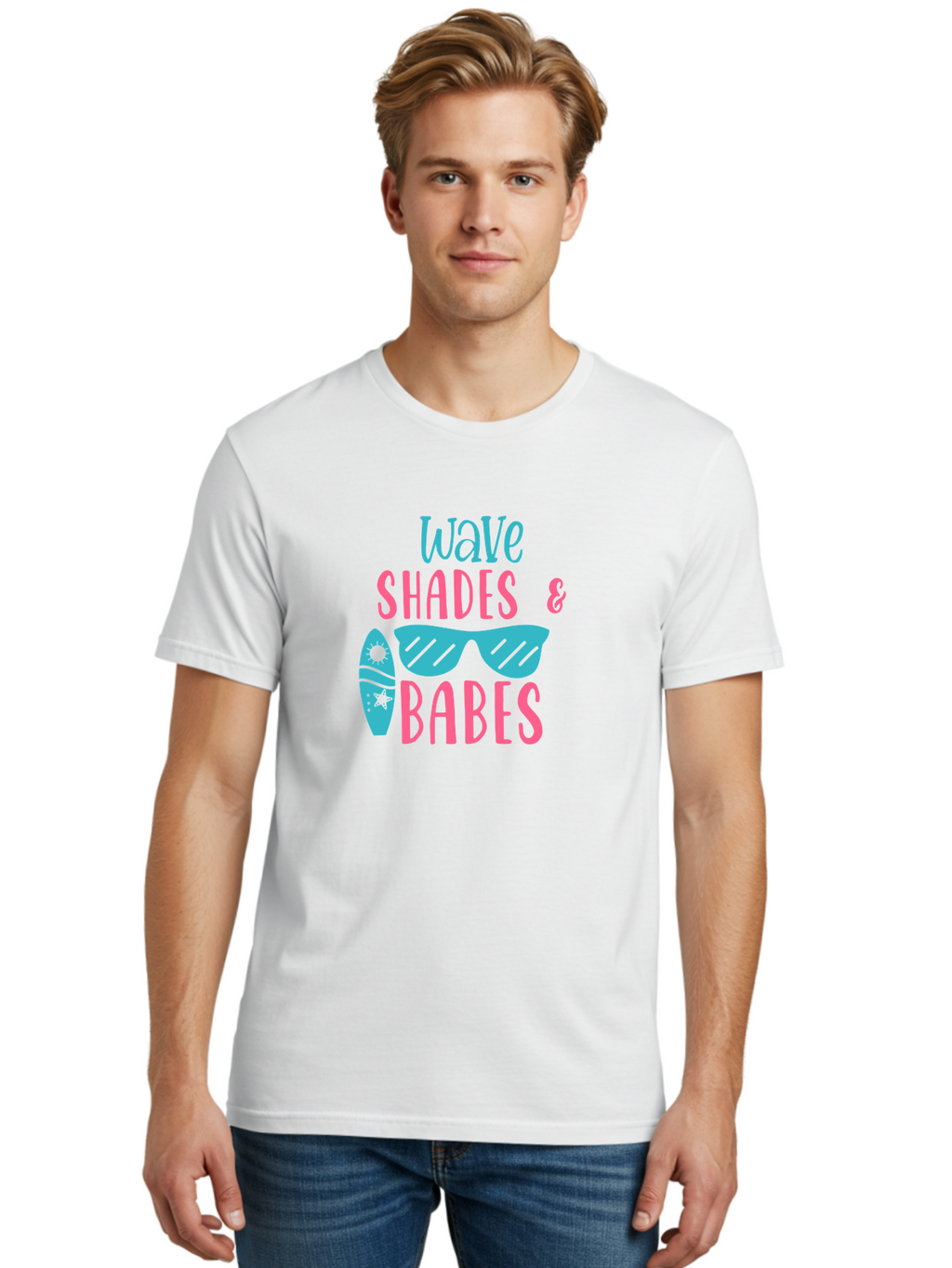 Wave-Shades-Babes Men'S Graphic Tee, 100% Cotton, Comfortable Casual Summer Wear, Machine Washable, Surfing, Sunglasses, Beach Culture, Summer Vibes, Wave Riders, Cool Shades, Beach Babes, Summer Fashion Aad500