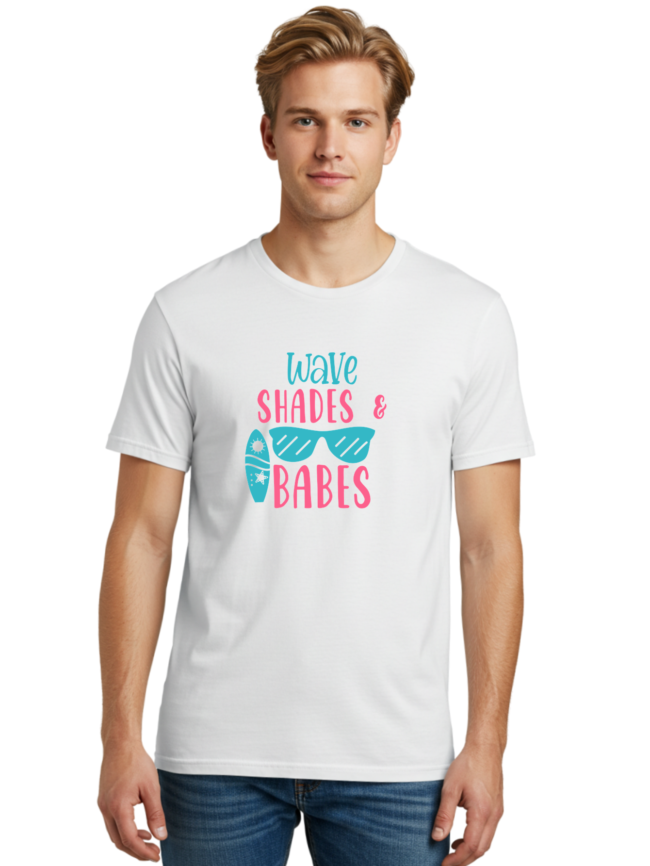 Wave-Shades-Babes Men'S Graphic Tee, 100% Cotton, Comfortable Casual Summer Wear, Machine Washable, Surfing, Sunglasses, Beach Culture, Summer Vibes, Wave Riders, Cool Shades, Beach Babes, Summer Fashion Aad500
