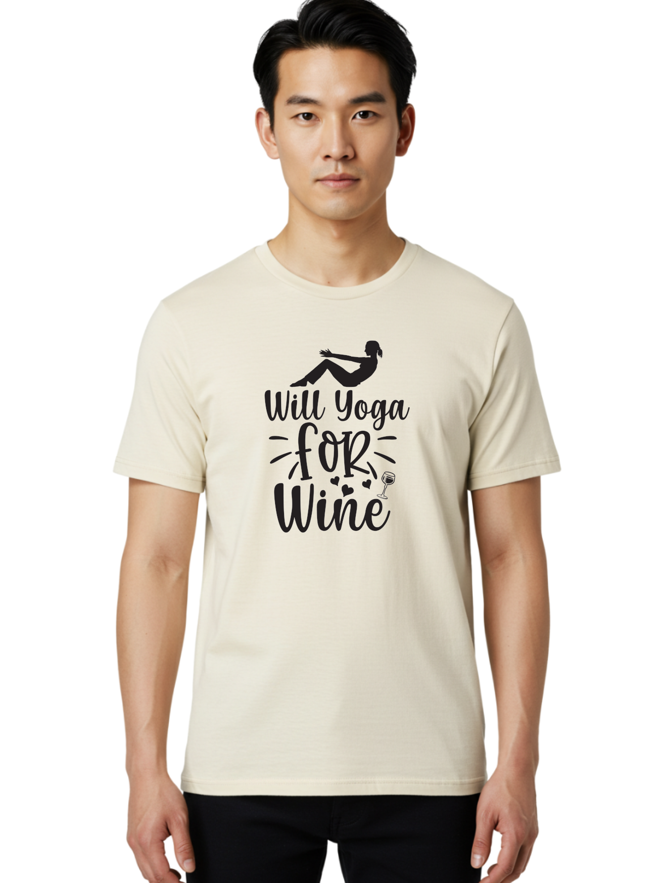 Will-Yoga-For-Wine Men'S Graphic Tee, 100% Cotton, Comfortable Casual Summer Wear, Machine Washable, Yoga Enthusiast, Wine Lover, Fitness Humor, Funny Quote, Yoga For Wine, Wine Glass, Hearts, Relaxed Pose, Zen, Wellness Aad504