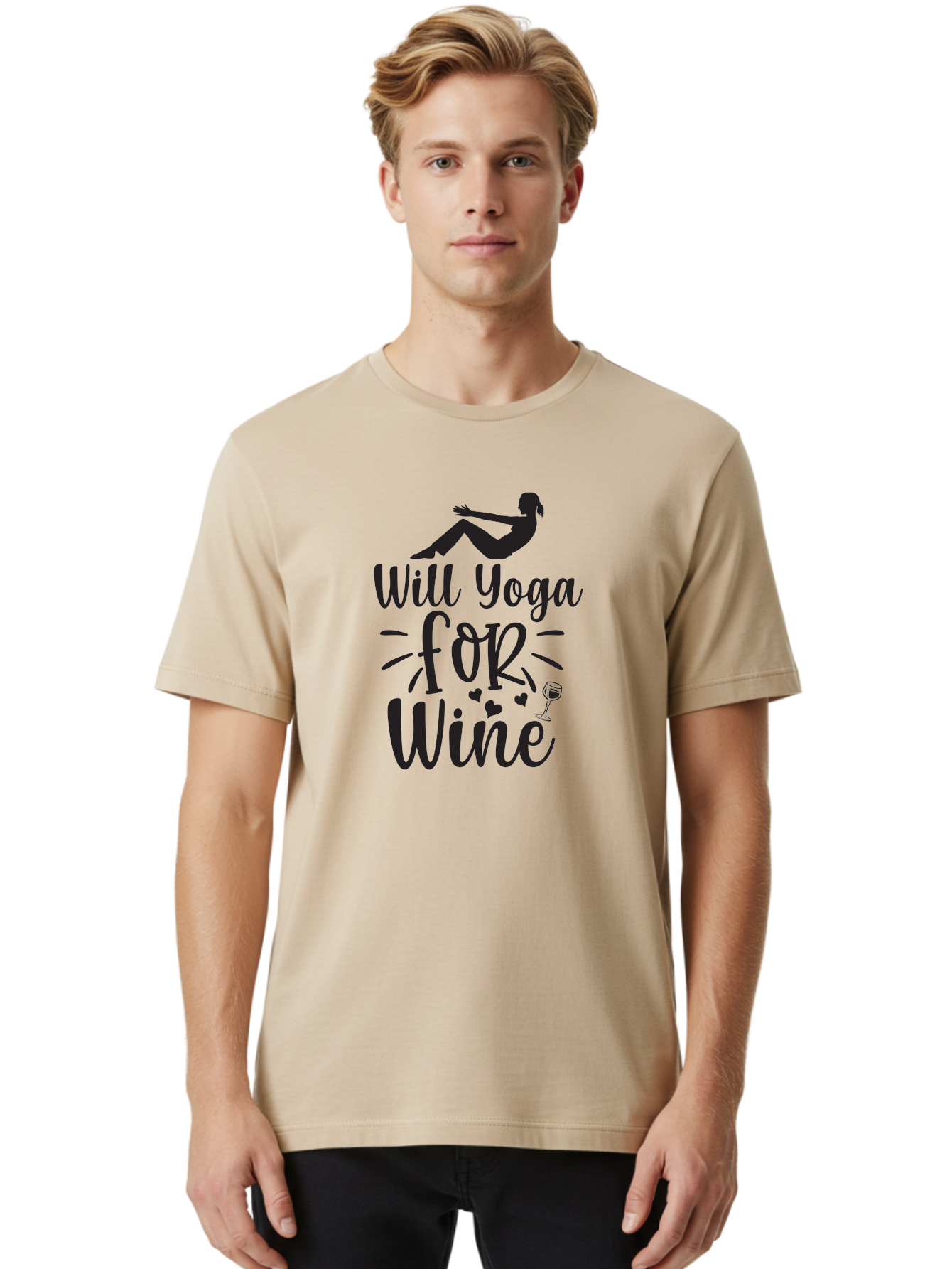 Will-Yoga-For-Wine Men'S Graphic Tee, 100% Cotton, Comfortable Casual Summer Wear, Machine Washable, Yoga Enthusiast, Wine Lover, Fitness Humor, Funny Quote, Yoga For Wine, Wine Glass, Hearts, Relaxed Pose, Zen, Wellness Aad504