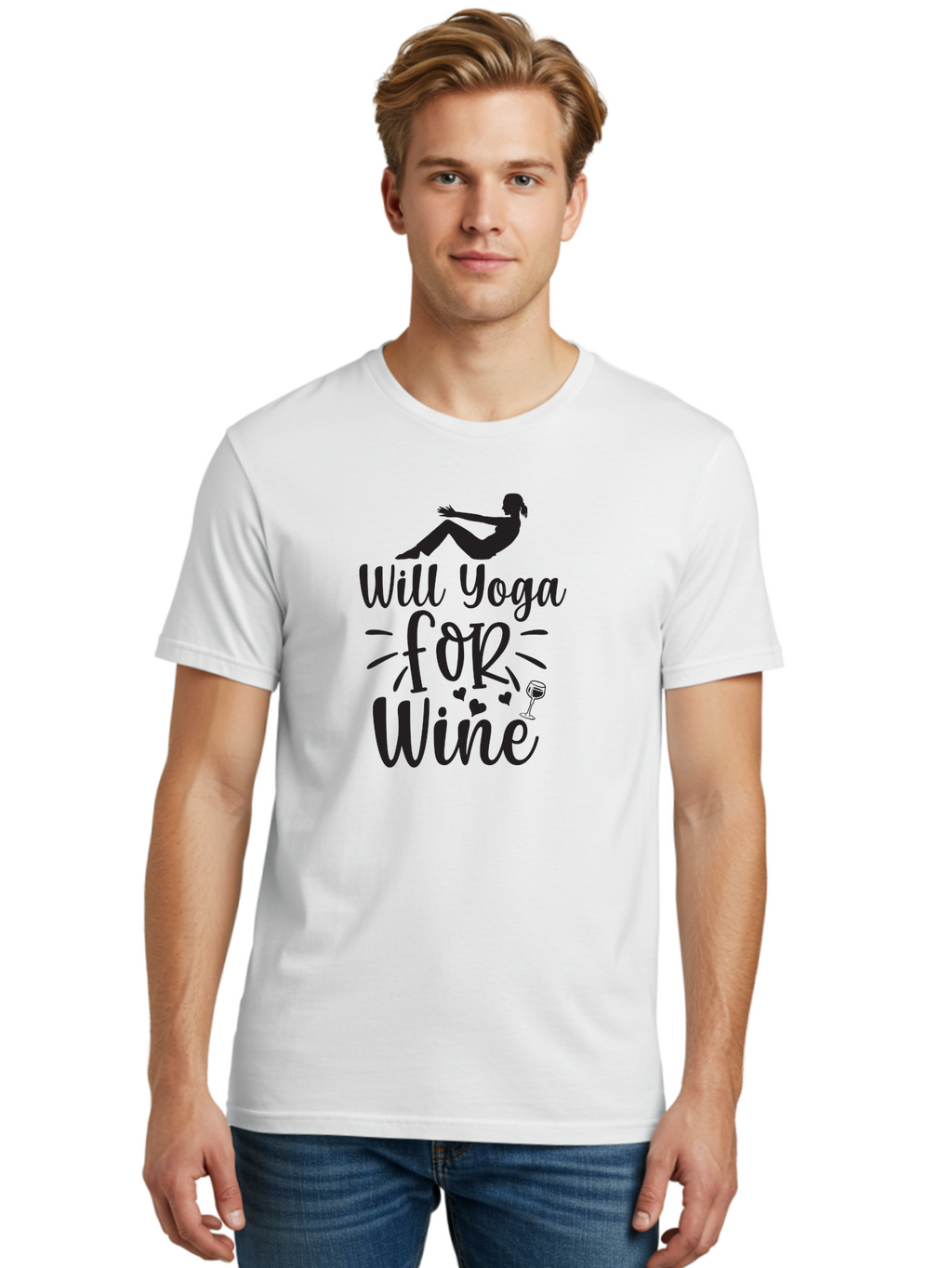Will-Yoga-For-Wine Men'S Graphic Tee, 100% Cotton, Comfortable Casual Summer Wear, Machine Washable, Yoga Enthusiast, Wine Lover, Fitness Humor, Funny Quote, Yoga For Wine, Wine Glass, Hearts, Relaxed Pose, Zen, Wellness Aad504