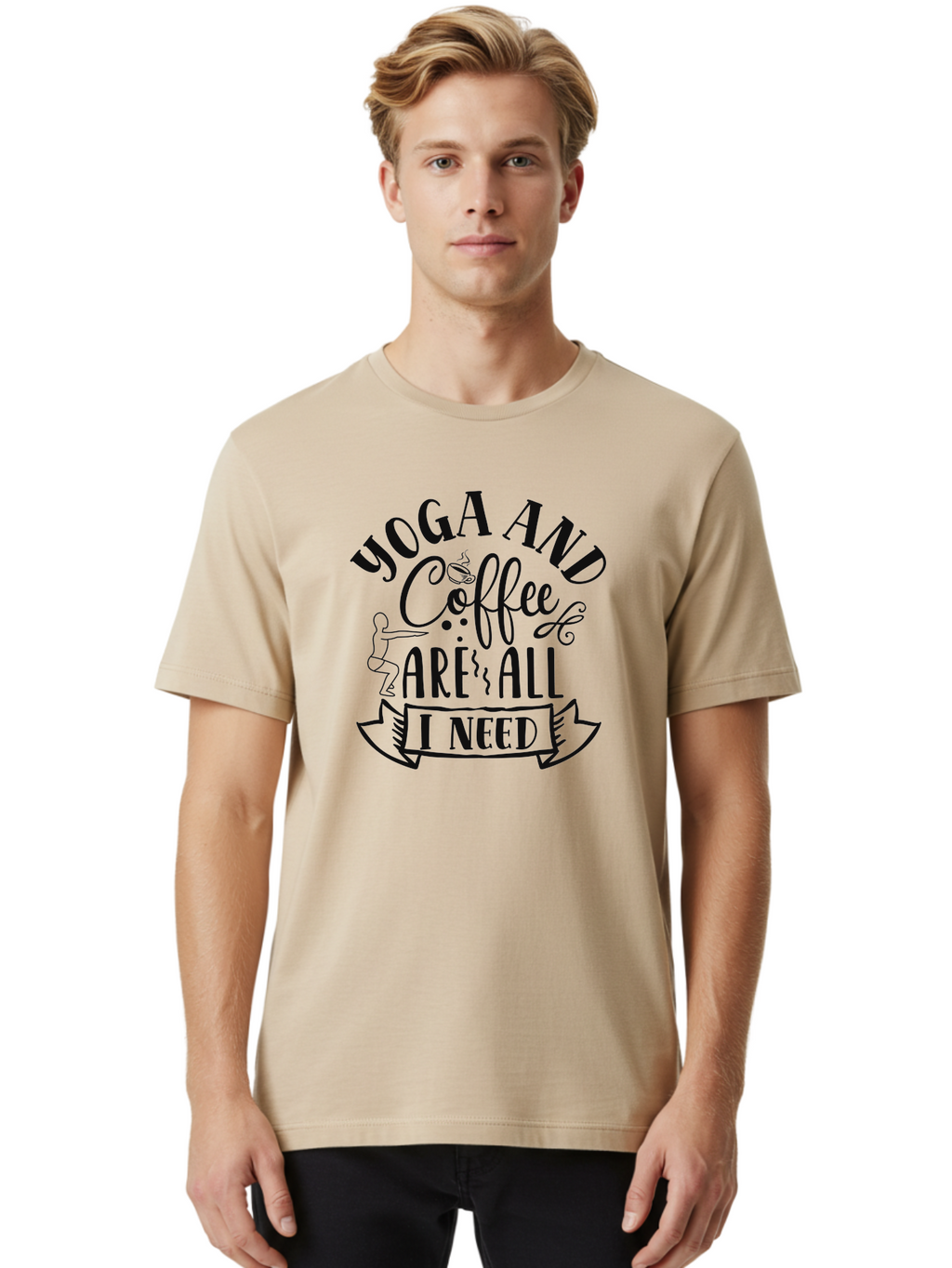 Yoga-And-Coffee-Are-All-I-Need Men'S Graphic Tee, 100% Cotton, Comfortable Casual Summer Wear, Machine Washable, Yoga And Coffee, Coffee Lover, Yoga Enthusiast, Mindfulness, Wellness, Relaxation, Coffee Break, Yoga Practice, Aad510