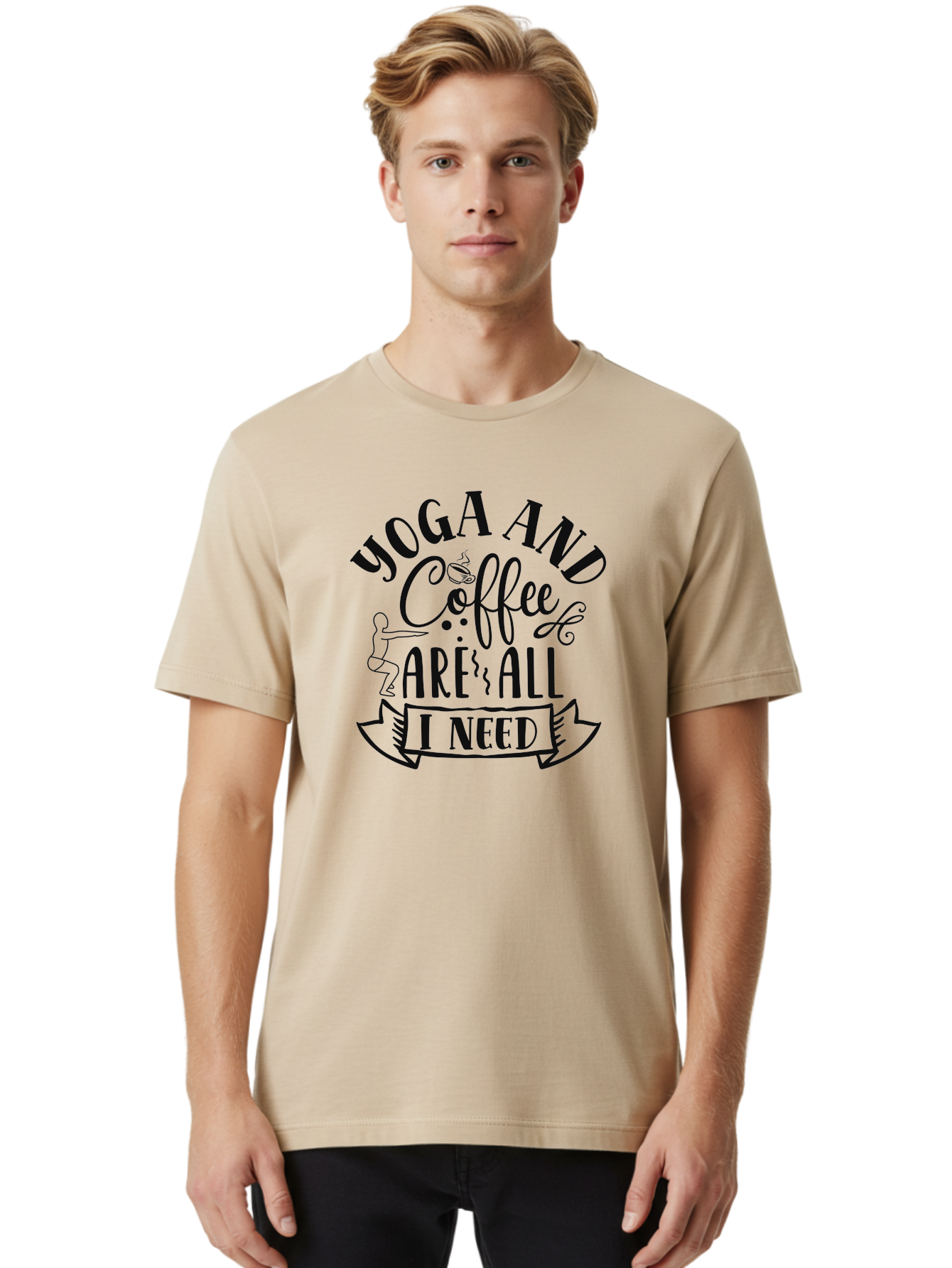 Yoga-And-Coffee-Are-All-I-Need Men'S Graphic Tee, 100% Cotton, Comfortable Casual Summer Wear, Machine Washable, Yoga And Coffee, Coffee Lover, Yoga Enthusiast, Mindfulness, Wellness, Relaxation, Coffee Break, Yoga Practice, Aad510