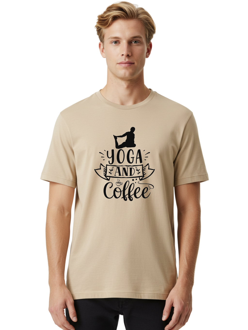 Yoga-And-Coffee Men'S Graphic Tee, 100% Cotton, Comfortable Casual Summer Wear, Machine Washable, Yoga, Coffee, Mindfulness, Wellness, Relaxation, Meditation, Healthy Lifestyle, Self-Care, Coffee Break, Balance Aad511