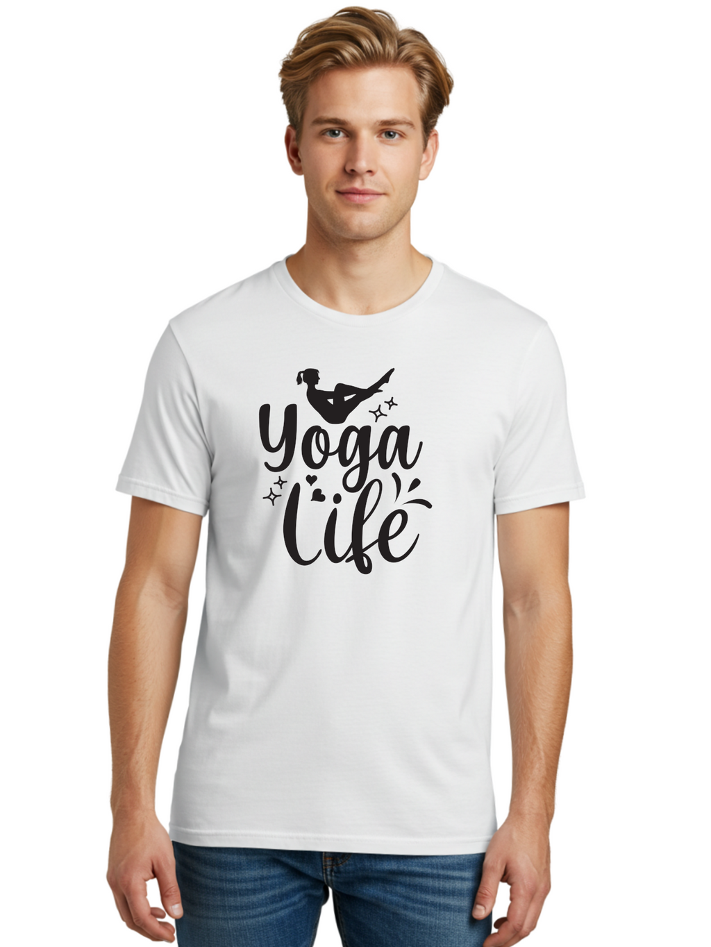 Yoga-Life Men'S Graphic Tee, 100% Cotton, Comfortable Casual Summer Wear, Machine Washable, Yoga Enthusiast, Silhouette Of A Yogi, Inspirational Quote, Wellness Lifestyle, Yoga Pose, Fitness Motivation, Meditation Practice, Yoga Love, Aad516