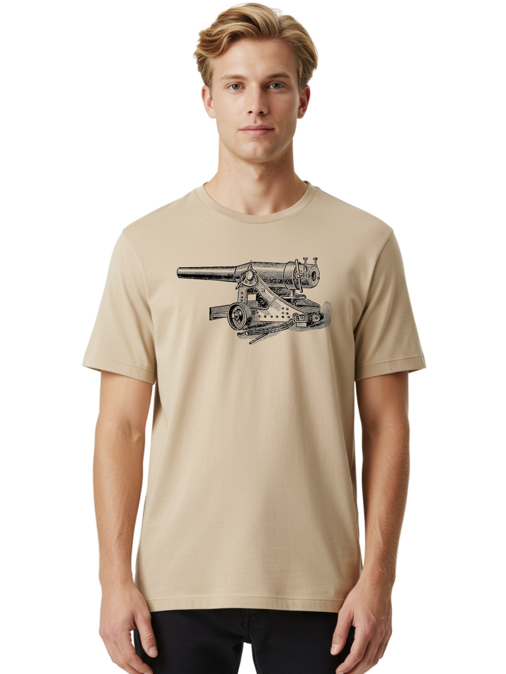 Cannon-Illustration Men'S Graphic Tee, 100% Cotton, Comfortable Casual Summer Wear, Machine Washable, Vintage Cannon, Historical Artillery, Antique Weapon, Military History, Classic Warfare, Detailed Engraving, Illustration Art Aad521