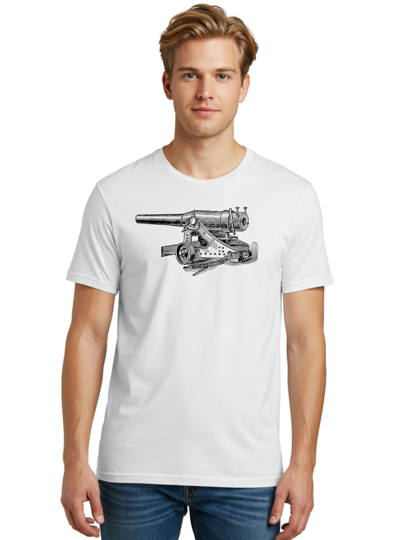 Cannon-Illustration Men'S Graphic Tee, 100% Cotton, Comfortable Casual Summer Wear, Machine Washable, Vintage Cannon, Historical Artillery, Antique Weapon, Military History, Classic Warfare, Detailed Engraving, Illustration Art Aad521
