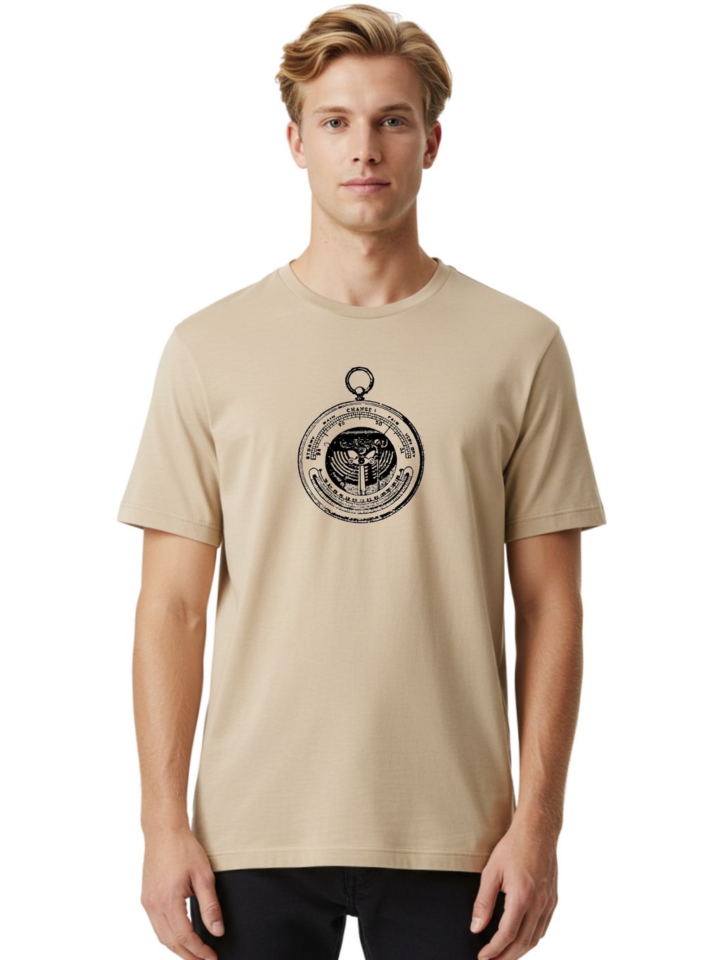 Change Men'S Graphic Tee, 100% Cotton, Comfortable Casual Summer Wear, Machine Washable, Pocket Watch, Change, Stormy, Fair, Very Dry, Clock Face, Hour Markers, Hands Of Time, Abstract Design, Vintage Style, Retro Aesthetic Aad522
