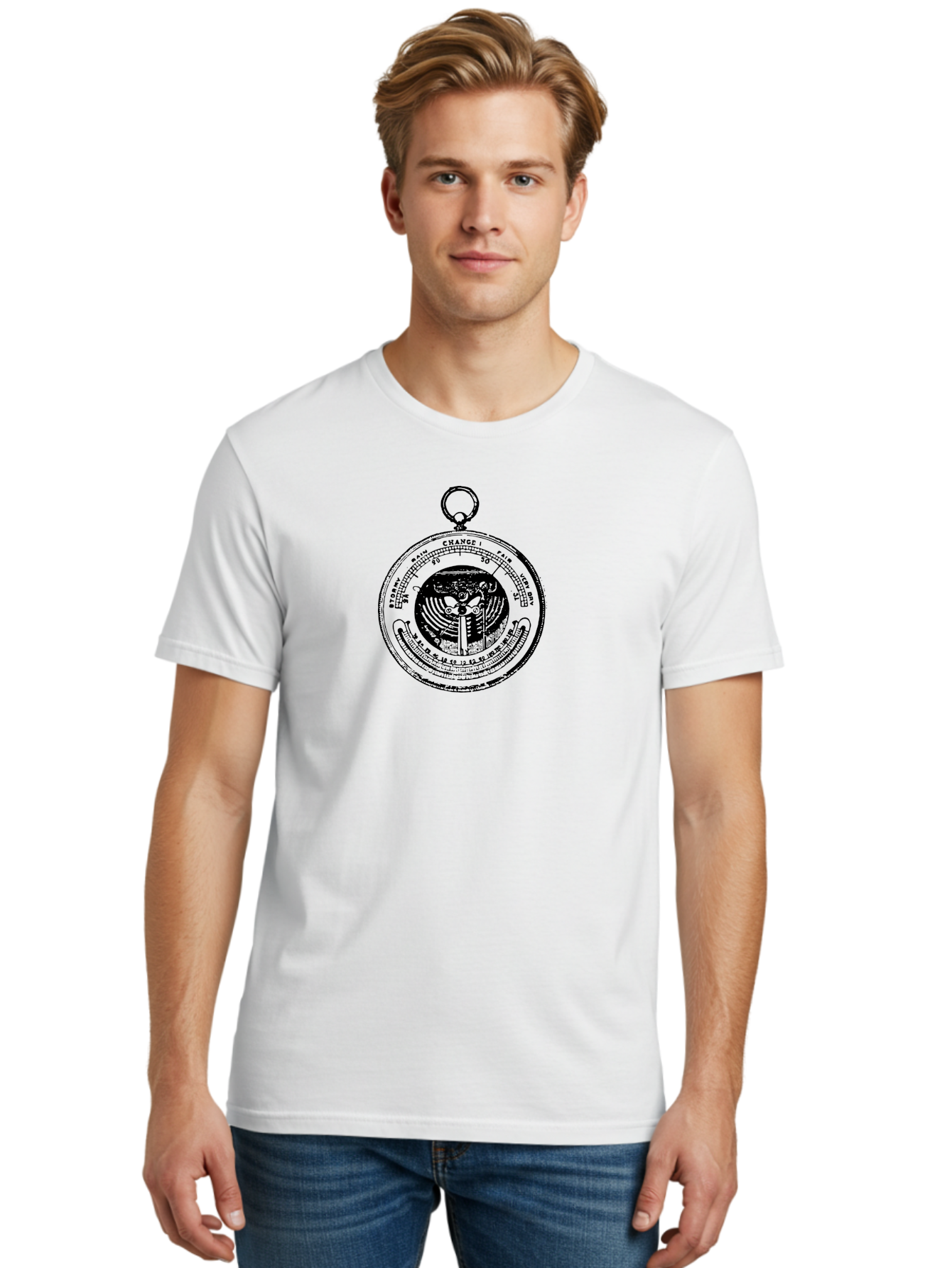 Change Men'S Graphic Tee, 100% Cotton, Comfortable Casual Summer Wear, Machine Washable, Pocket Watch, Change, Stormy, Fair, Very Dry, Clock Face, Hour Markers, Hands Of Time, Abstract Design, Vintage Style, Retro Aesthetic Aad522