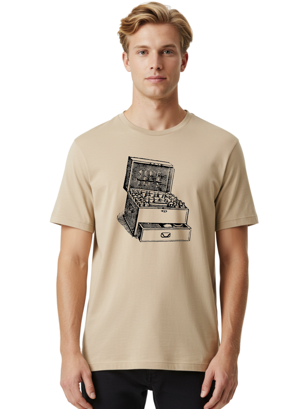 Chemist-Cabinet Men'S Graphic Tee, 100% Cotton, Comfortable Casual Summer Wear, Machine Washable, Vintage Apothecary, Medicine Storage, Old-Fashioned Remedies, Antique Medical Equipment, Wooden Chest, Medical History, Pharmacy Cabinet, Aad523