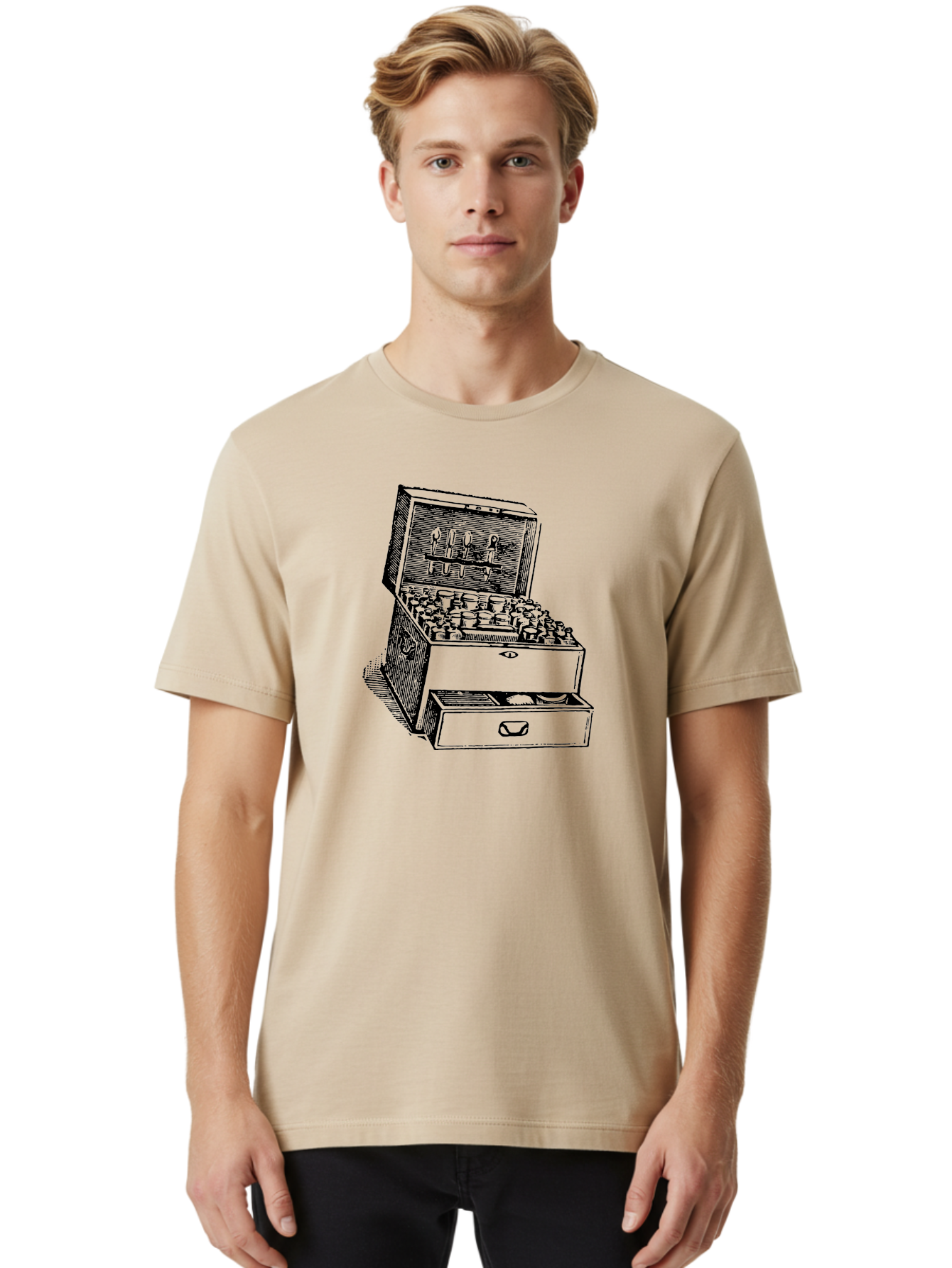 Chemist-Cabinet Men'S Graphic Tee, 100% Cotton, Comfortable Casual Summer Wear, Machine Washable, Vintage Apothecary, Medicine Storage, Old-Fashioned Remedies, Antique Medical Equipment, Wooden Chest, Medical History, Pharmacy Cabinet, Aad523