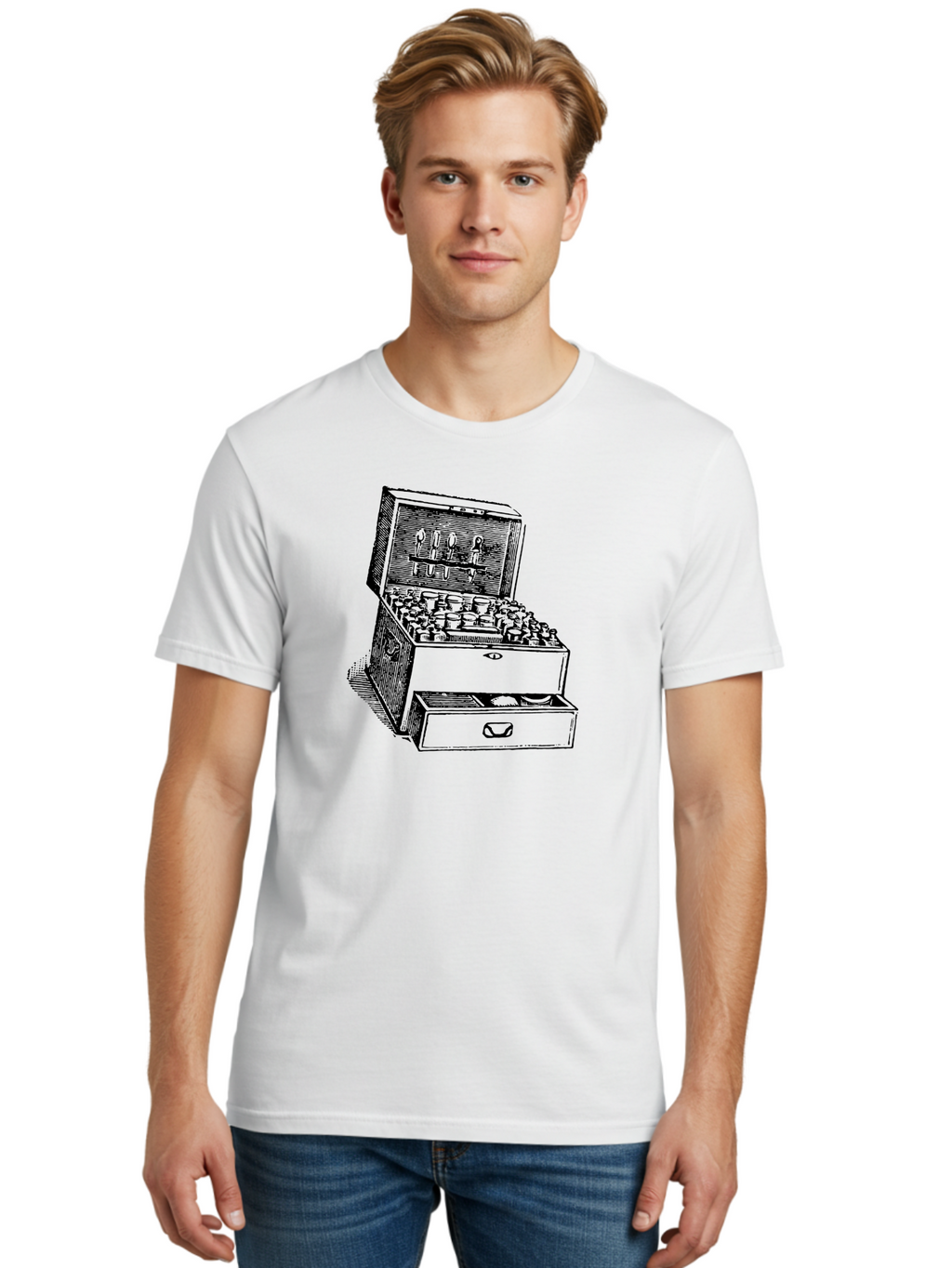 Chemist-Cabinet Men'S Graphic Tee, 100% Cotton, Comfortable Casual Summer Wear, Machine Washable, Vintage Apothecary, Medicine Storage, Old-Fashioned Remedies, Antique Medical Equipment, Wooden Chest, Medical History, Pharmacy Cabinet, Aad523