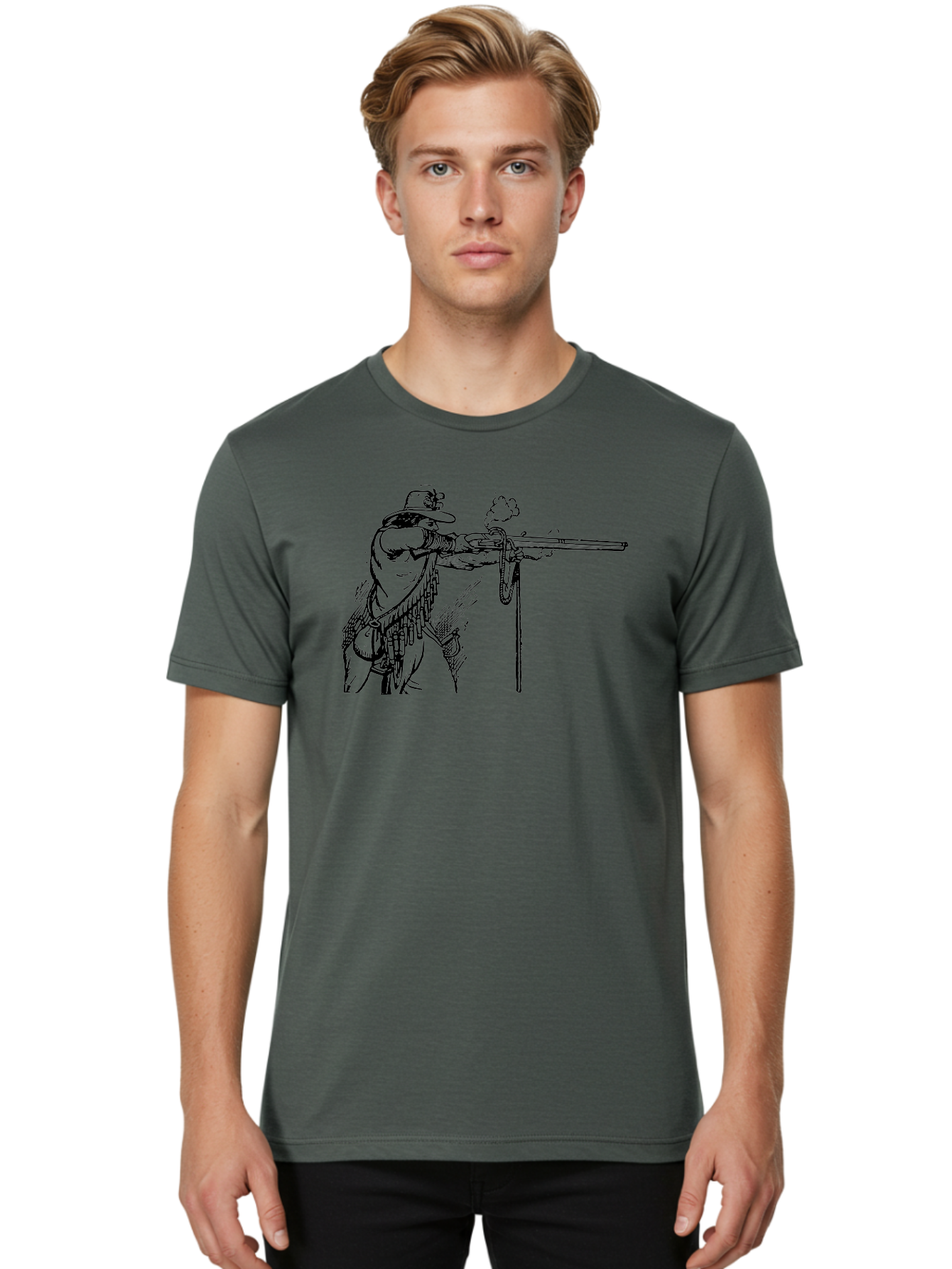 Cowboy-Firing-Rifle Men'S Graphic Tee, 100% Cotton, Comfortable Casual Summer Wear, Machine Washable, Cowboy Shooting Rifle, Western Art, Vintage Cowboy, Cowboy Hat, Rifle Smoke, Black And White Illustration, Cowboy Culture, Wild West Aad526