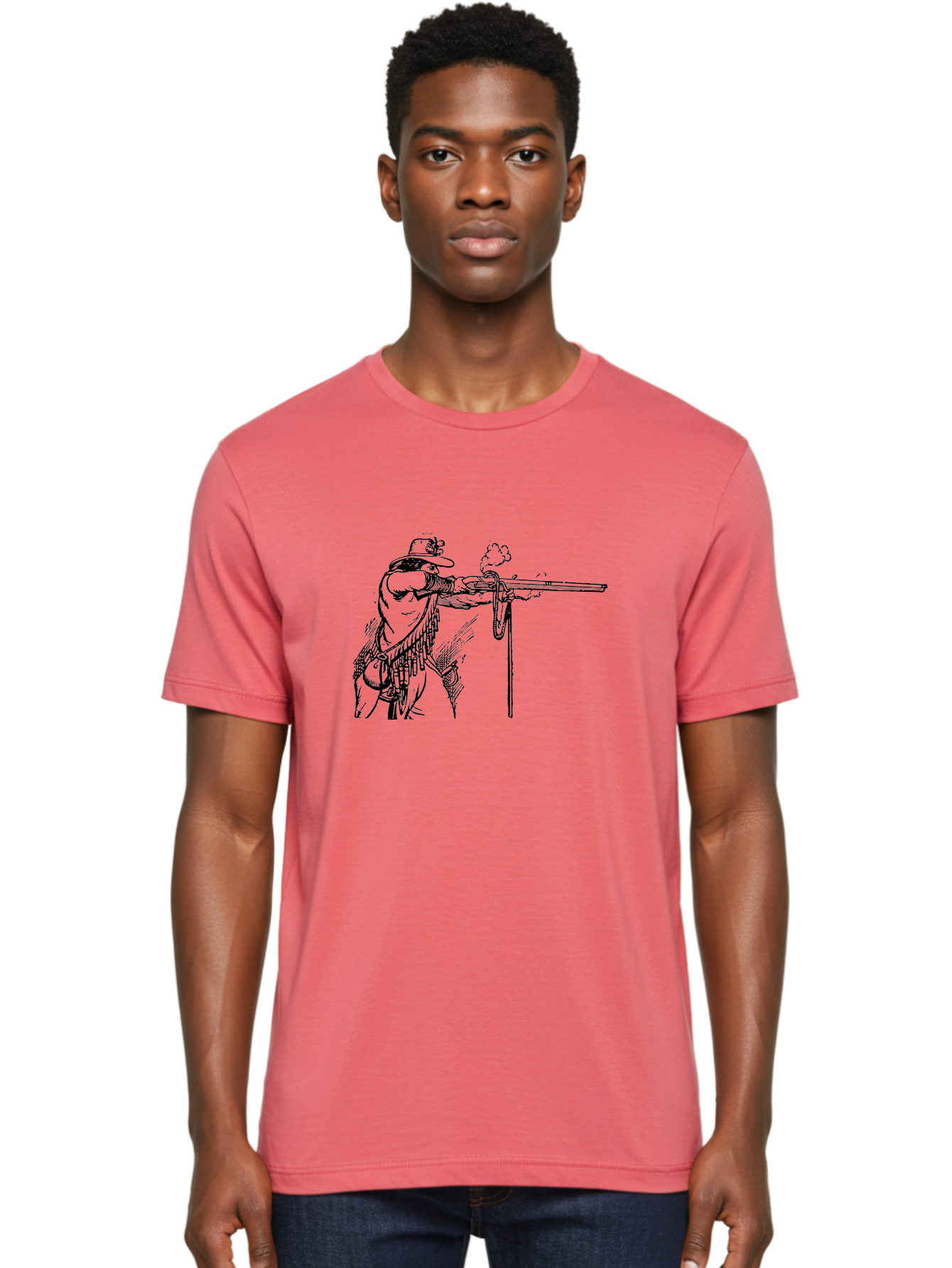 Cowboy-Firing-Rifle Men'S Graphic Tee, 100% Cotton, Comfortable Casual Summer Wear, Machine Washable, Cowboy Shooting Rifle, Western Art, Vintage Cowboy, Cowboy Hat, Rifle Smoke, Black And White Illustration, Cowboy Culture, Wild West Aad526