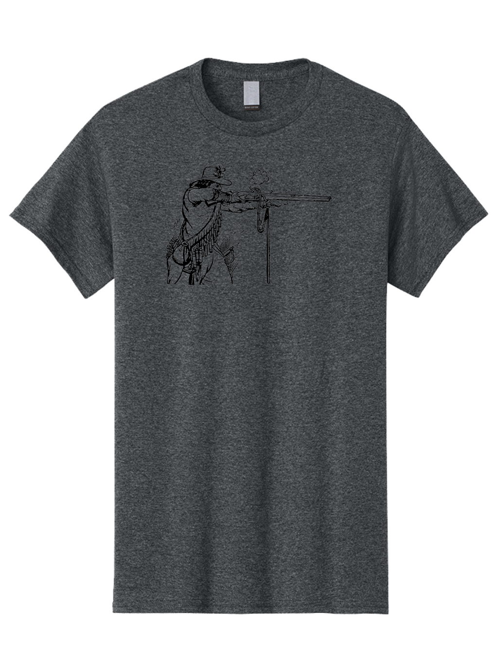 Cowboy-Firing-Rifle Men'S Graphic Tee, 100% Cotton, Comfortable Casual Summer Wear, Machine Washable, Cowboy Shooting Rifle, Western Art, Vintage Cowboy, Cowboy Hat, Rifle Smoke, Black And White Illustration, Cowboy Culture, Wild West Aad526