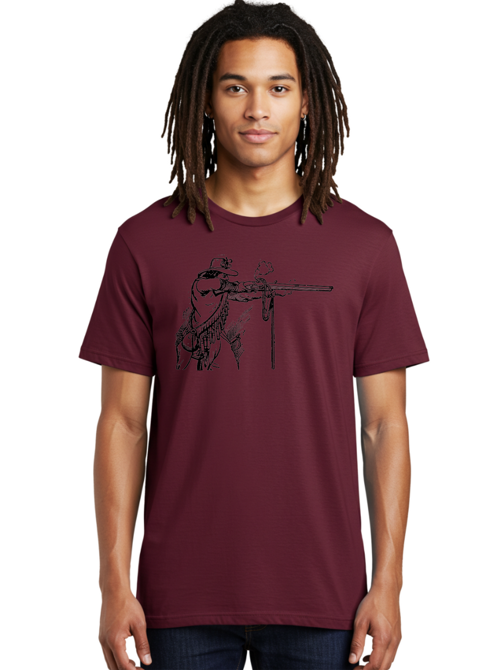 Cowboy-Firing-Rifle Men'S Graphic Tee, 100% Cotton, Comfortable Casual Summer Wear, Machine Washable, Cowboy Shooting Rifle, Western Art, Vintage Cowboy, Cowboy Hat, Rifle Smoke, Black And White Illustration, Cowboy Culture, Wild West Aad526