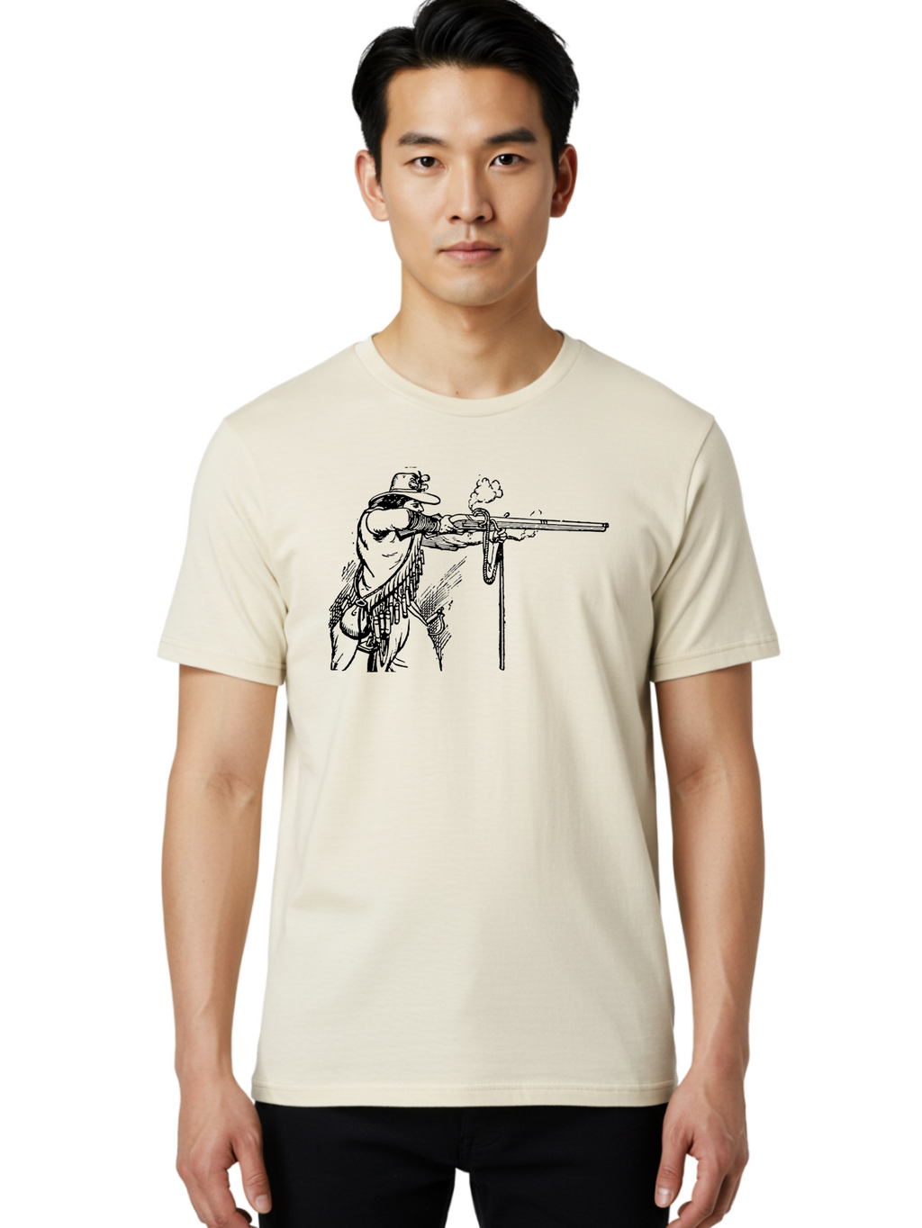 Cowboy-Firing-Rifle Men'S Graphic Tee, 100% Cotton, Comfortable Casual Summer Wear, Machine Washable, Cowboy Shooting Rifle, Western Art, Vintage Cowboy, Cowboy Hat, Rifle Smoke, Black And White Illustration, Cowboy Culture, Wild West Aad526