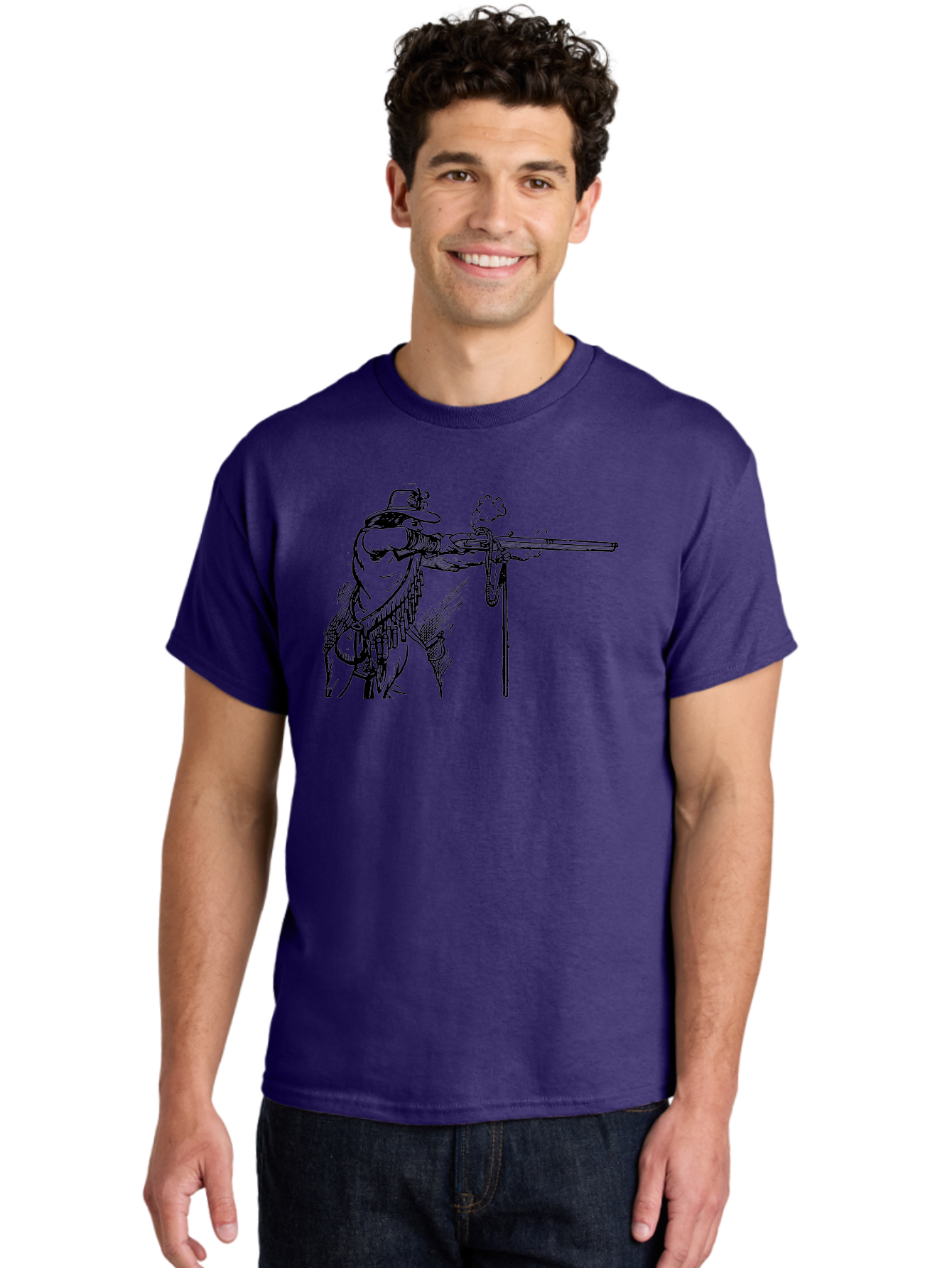 Cowboy-Firing-Rifle Men'S Graphic Tee, 100% Cotton, Comfortable Casual Summer Wear, Machine Washable, Cowboy Shooting Rifle, Western Art, Vintage Cowboy, Cowboy Hat, Rifle Smoke, Black And White Illustration, Cowboy Culture, Wild West Aad526
