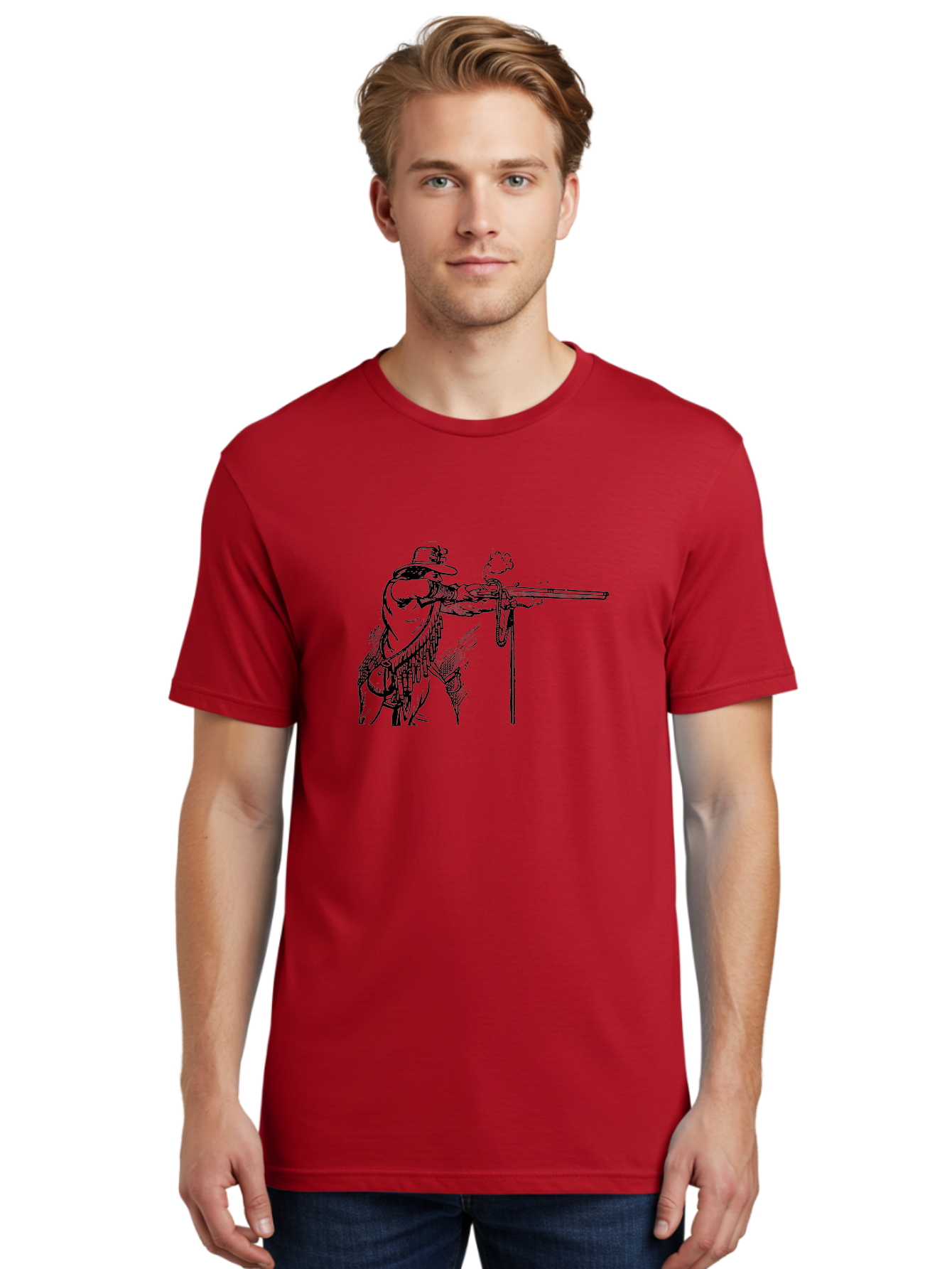Cowboy-Firing-Rifle Men'S Graphic Tee, 100% Cotton, Comfortable Casual Summer Wear, Machine Washable, Cowboy Shooting Rifle, Western Art, Vintage Cowboy, Cowboy Hat, Rifle Smoke, Black And White Illustration, Cowboy Culture, Wild West Aad526