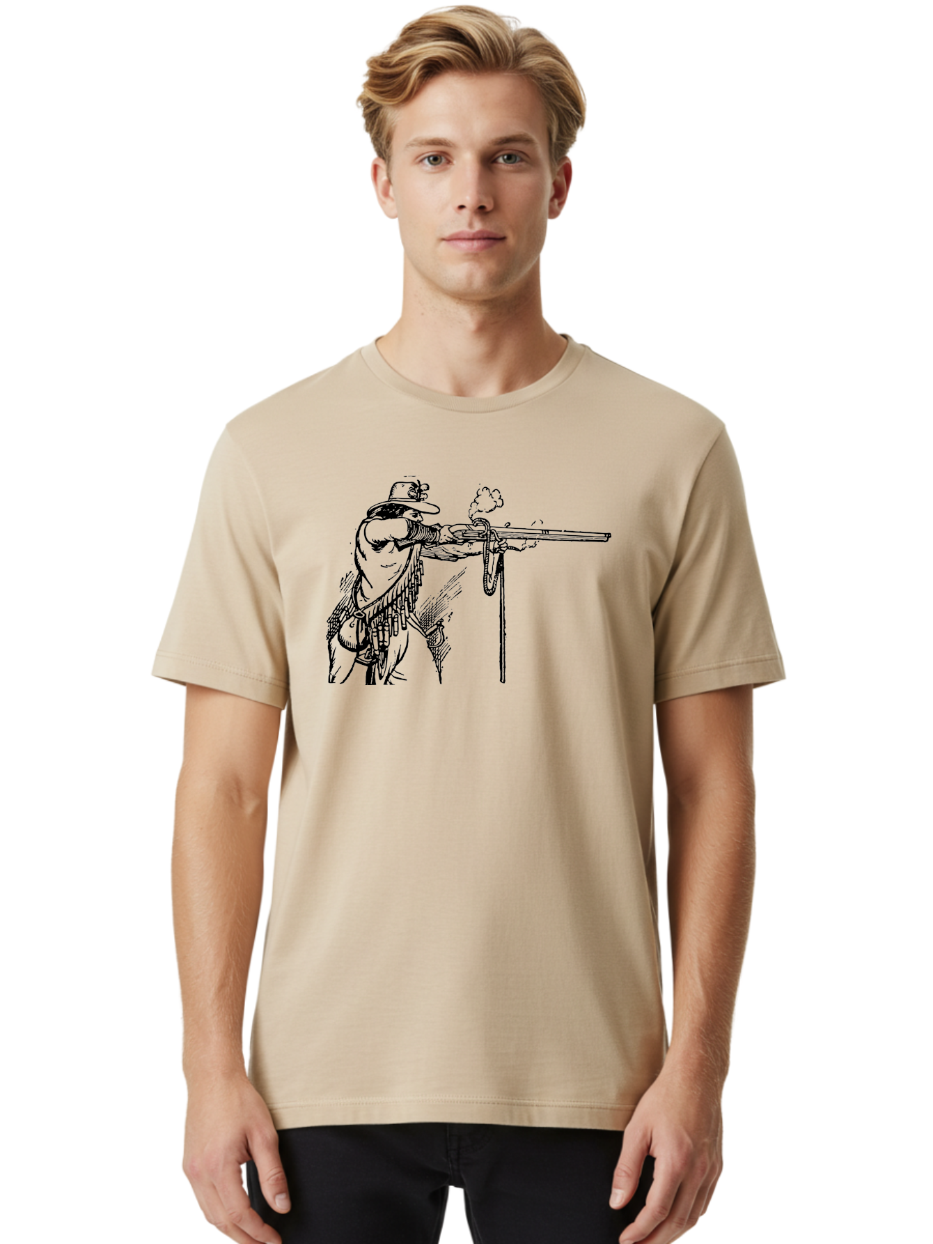 Cowboy-Firing-Rifle Men'S Graphic Tee, 100% Cotton, Comfortable Casual Summer Wear, Machine Washable, Cowboy Shooting Rifle, Western Art, Vintage Cowboy, Cowboy Hat, Rifle Smoke, Black And White Illustration, Cowboy Culture, Wild West Aad526