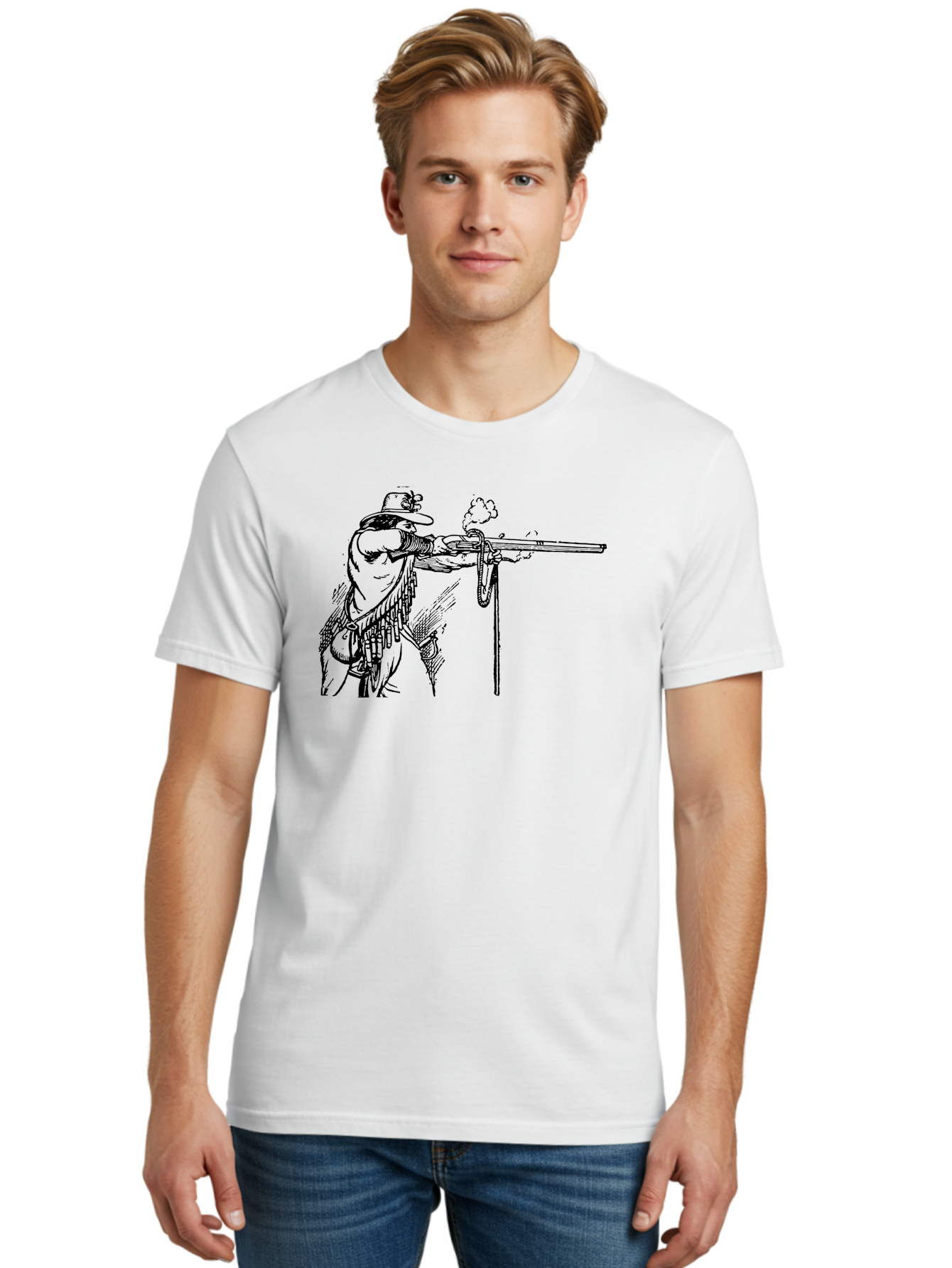 Cowboy-Firing-Rifle Men'S Graphic Tee, 100% Cotton, Comfortable Casual Summer Wear, Machine Washable, Cowboy Shooting Rifle, Western Art, Vintage Cowboy, Cowboy Hat, Rifle Smoke, Black And White Illustration, Cowboy Culture, Wild West Aad526
