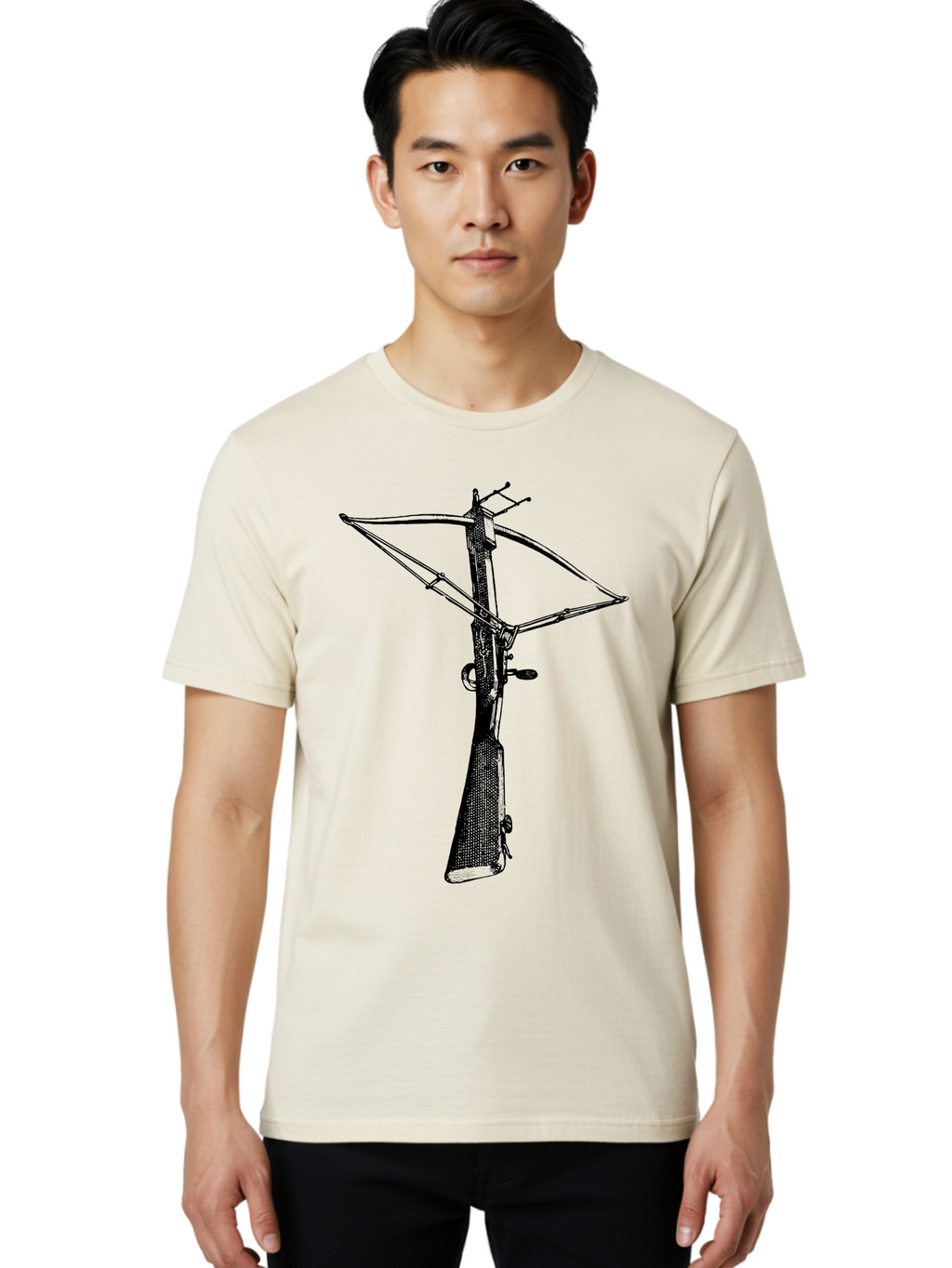 Crossbow Men'S Graphic Tee, 100% Cotton, Comfortable Casual Summer Wear, Machine Washable, Crossbow Illustration, Medieval Weapon, Historical Reenactment, Archery Equipment, Tactical Gear, Close-Up View, Detailed Drawing, Aad529