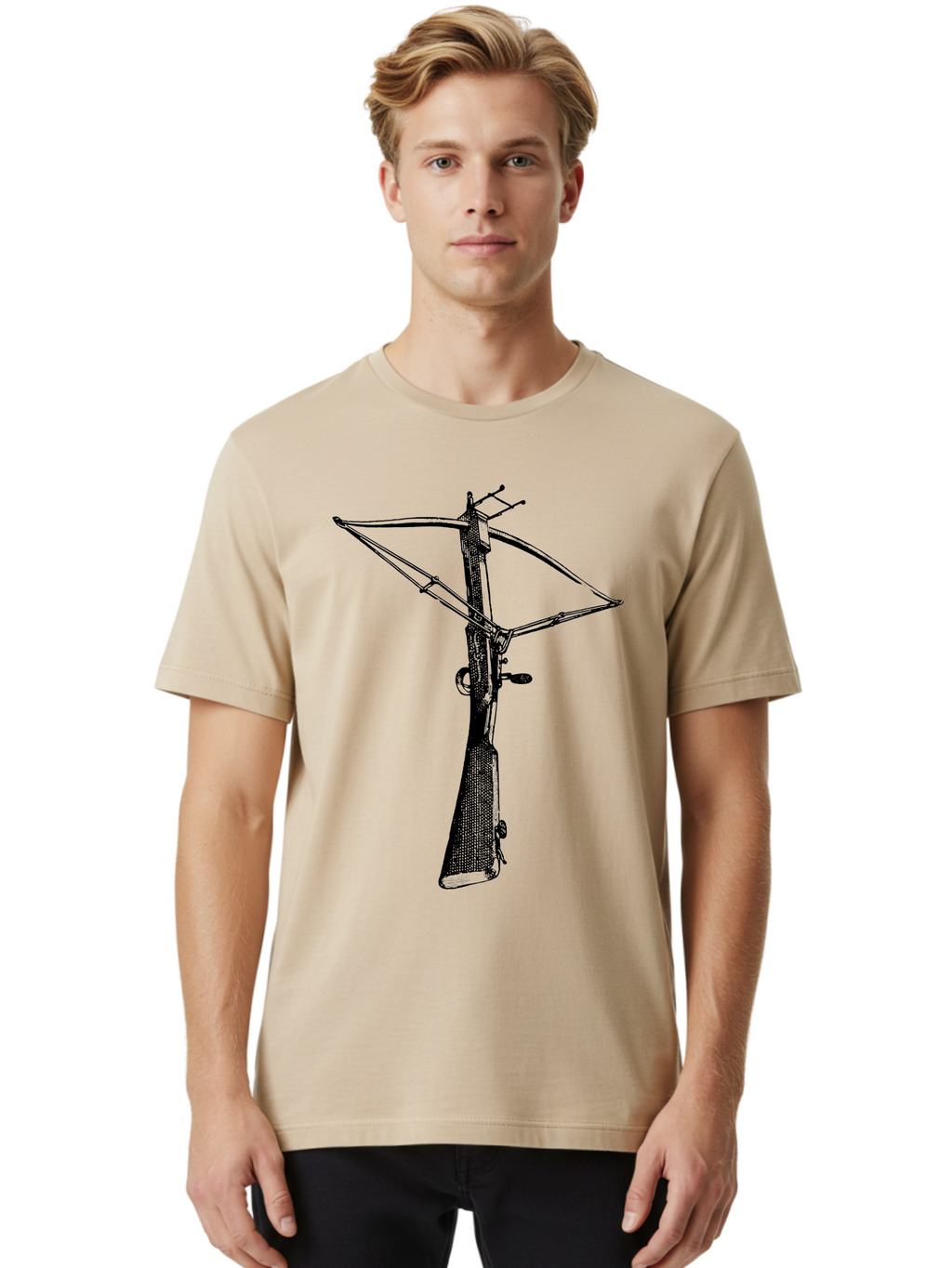 Crossbow Men'S Graphic Tee, 100% Cotton, Comfortable Casual Summer Wear, Machine Washable, Crossbow Illustration, Medieval Weapon, Historical Reenactment, Archery Equipment, Tactical Gear, Close-Up View, Detailed Drawing, Aad529