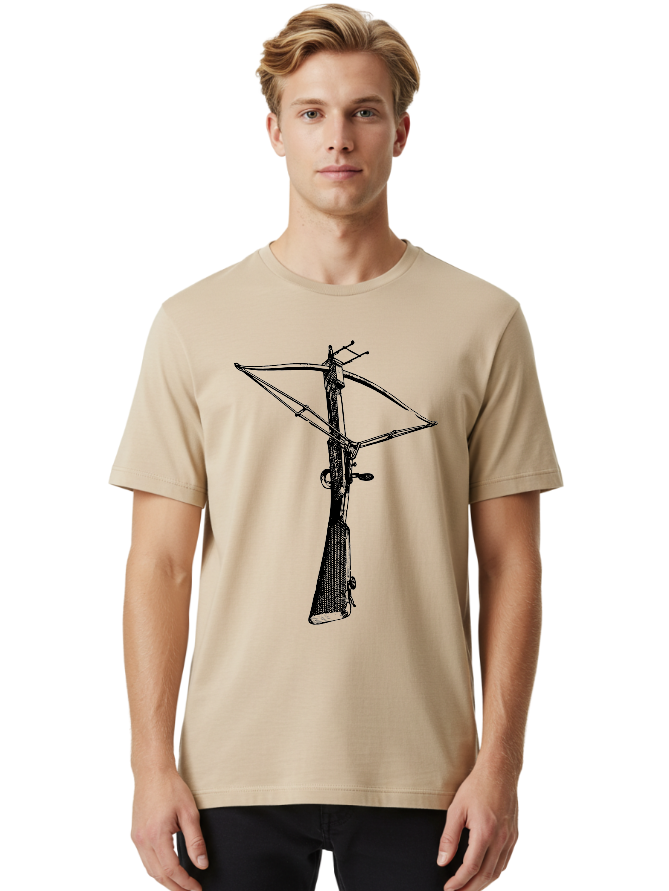 Crossbow Men'S Graphic Tee, 100% Cotton, Comfortable Casual Summer Wear, Machine Washable, Crossbow Illustration, Medieval Weapon, Historical Reenactment, Archery Equipment, Tactical Gear, Close-Up View, Detailed Drawing, Aad529