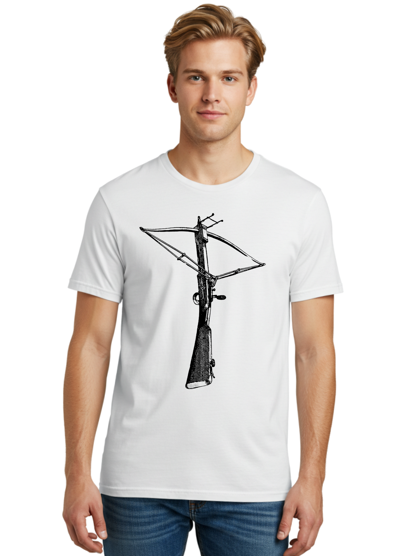 Crossbow Men'S Graphic Tee, 100% Cotton, Comfortable Casual Summer Wear, Machine Washable, Crossbow Illustration, Medieval Weapon, Historical Reenactment, Archery Equipment, Tactical Gear, Close-Up View, Detailed Drawing, Aad529