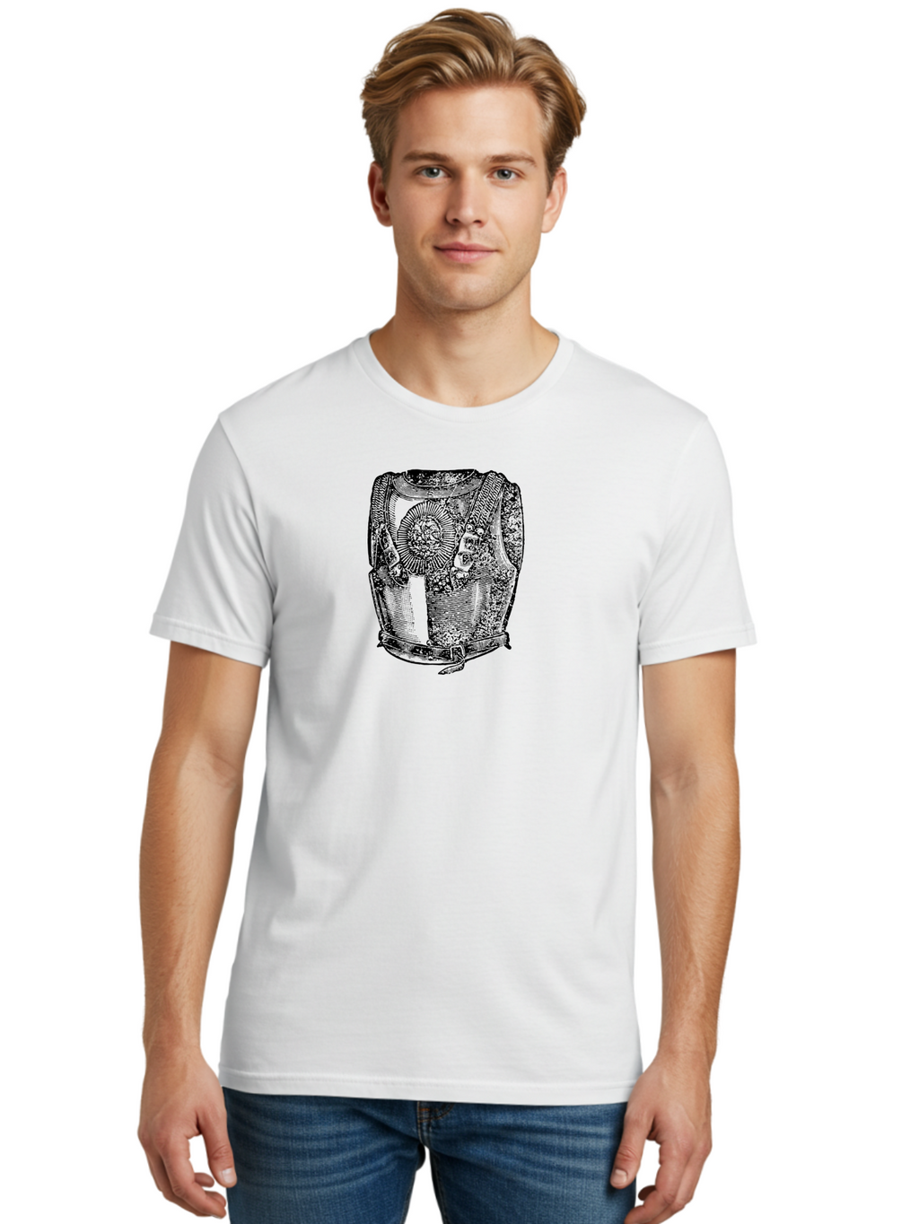 Cuirass-1 Men'S Graphic Tee, 100% Cotton, Comfortable Casual Summer Wear, Machine Washable, Vintage Breastplate, Roman Armor, Medieval Style, Protective Gear, Historical Reenactment, Military Attire, Ornate Design, Intricate Details Aad530