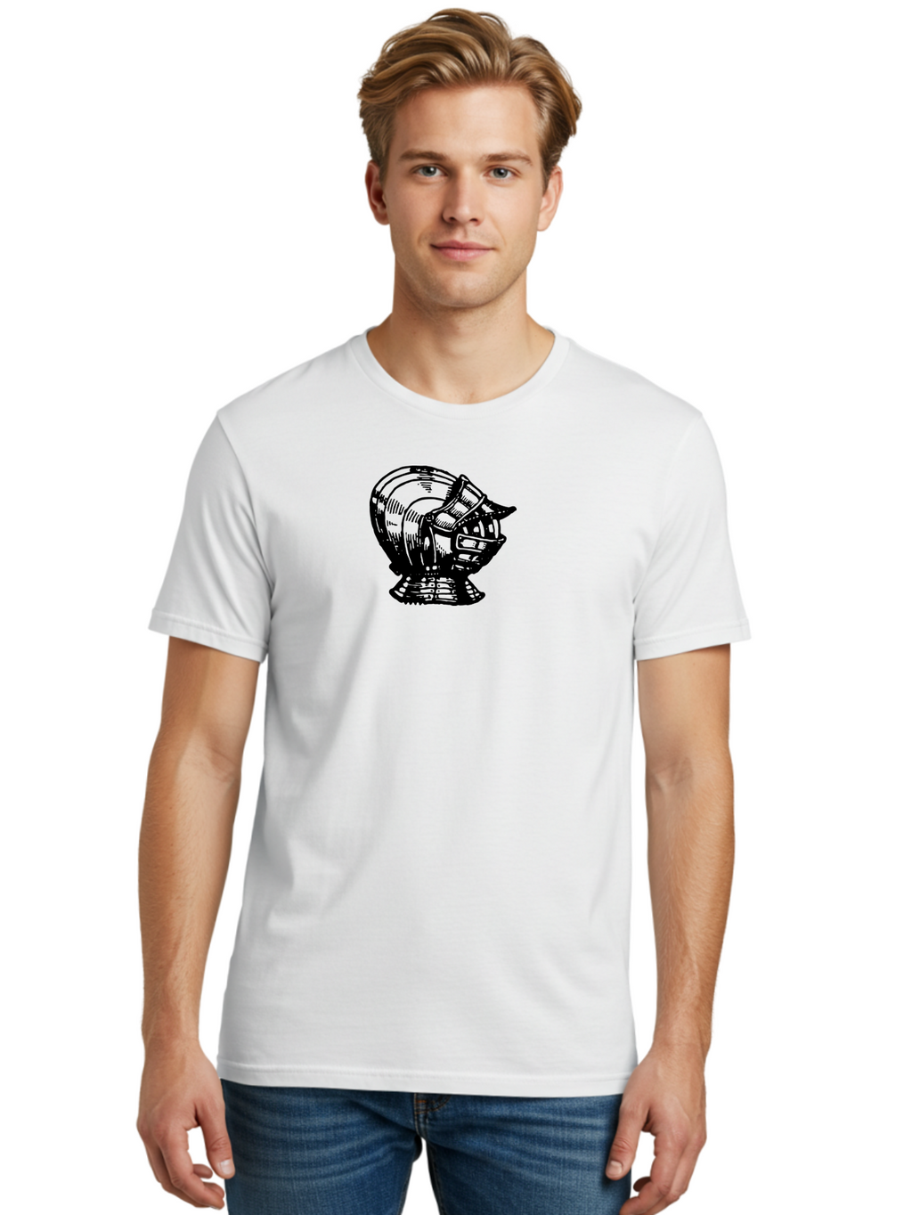 Football-Helmet Men'S Graphic Tee, 100% Cotton, Comfortable Casual Summer Wear, Machine Washable, Medieval Knight Helmet, Armor Headpiece, Protective Gear, Chivalry Symbol, Knight Templar, Gothic Style, Metal Helmet Aad535