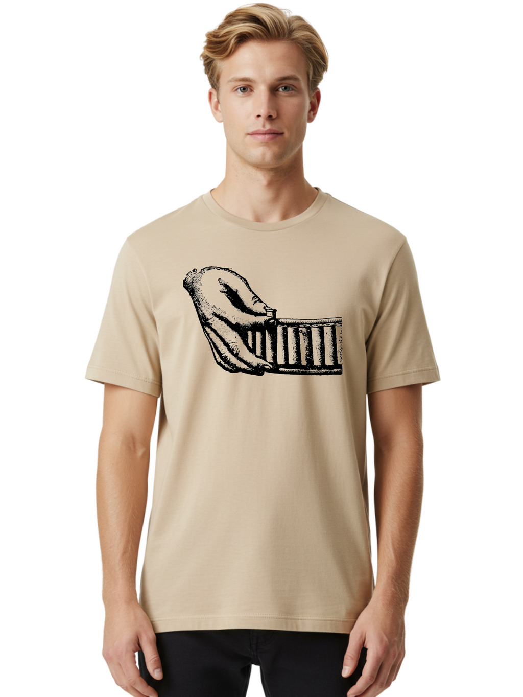 Hand-And-Comb Men'S Graphic Tee, 100% Cotton, Comfortable Casual Summer Wear, Machine Washable, Hand Holding A Comb, Vintage Illustration, Unique Textures, Artistic Expression, Creative Styling, Retro Aesthetics, Close-Up Details Aad537