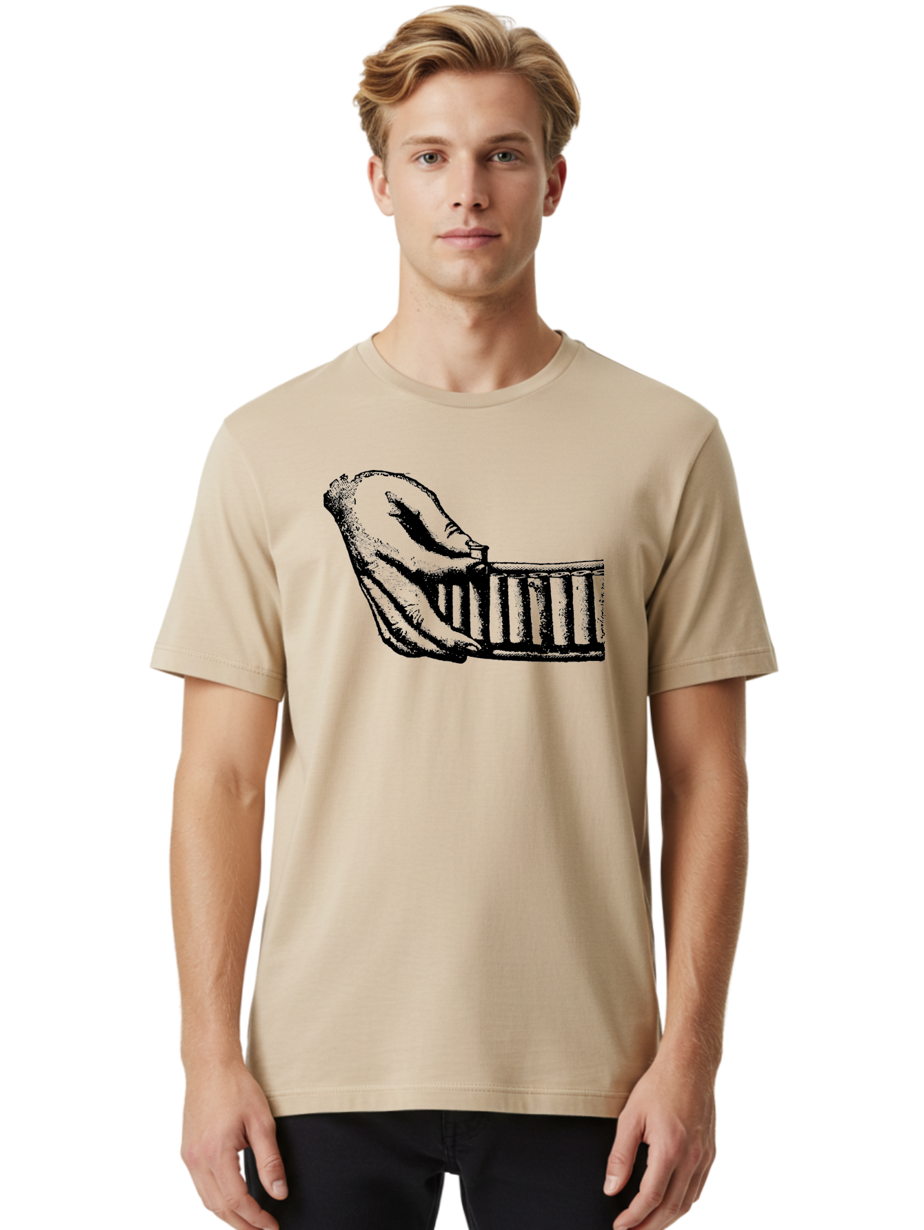 Hand-And-Comb Men'S Graphic Tee, 100% Cotton, Comfortable Casual Summer Wear, Machine Washable, Hand Holding A Comb, Vintage Illustration, Unique Textures, Artistic Expression, Creative Styling, Retro Aesthetics, Close-Up Details Aad537