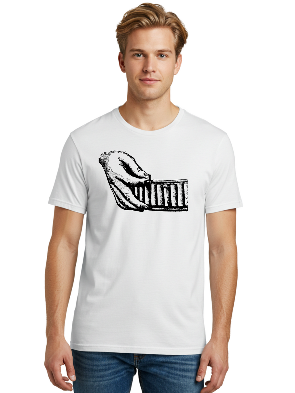 Hand-And-Comb Men'S Graphic Tee, 100% Cotton, Comfortable Casual Summer Wear, Machine Washable, Hand Holding A Comb, Vintage Illustration, Unique Textures, Artistic Expression, Creative Styling, Retro Aesthetics, Close-Up Details Aad537