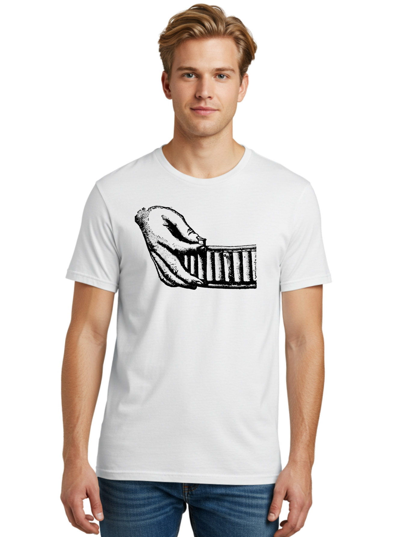 Hand-And-Comb Men'S Graphic Tee, 100% Cotton, Comfortable Casual Summer Wear, Machine Washable, Hand Holding A Comb, Vintage Illustration, Unique Textures, Artistic Expression, Creative Styling, Retro Aesthetics, Close-Up Details Aad537