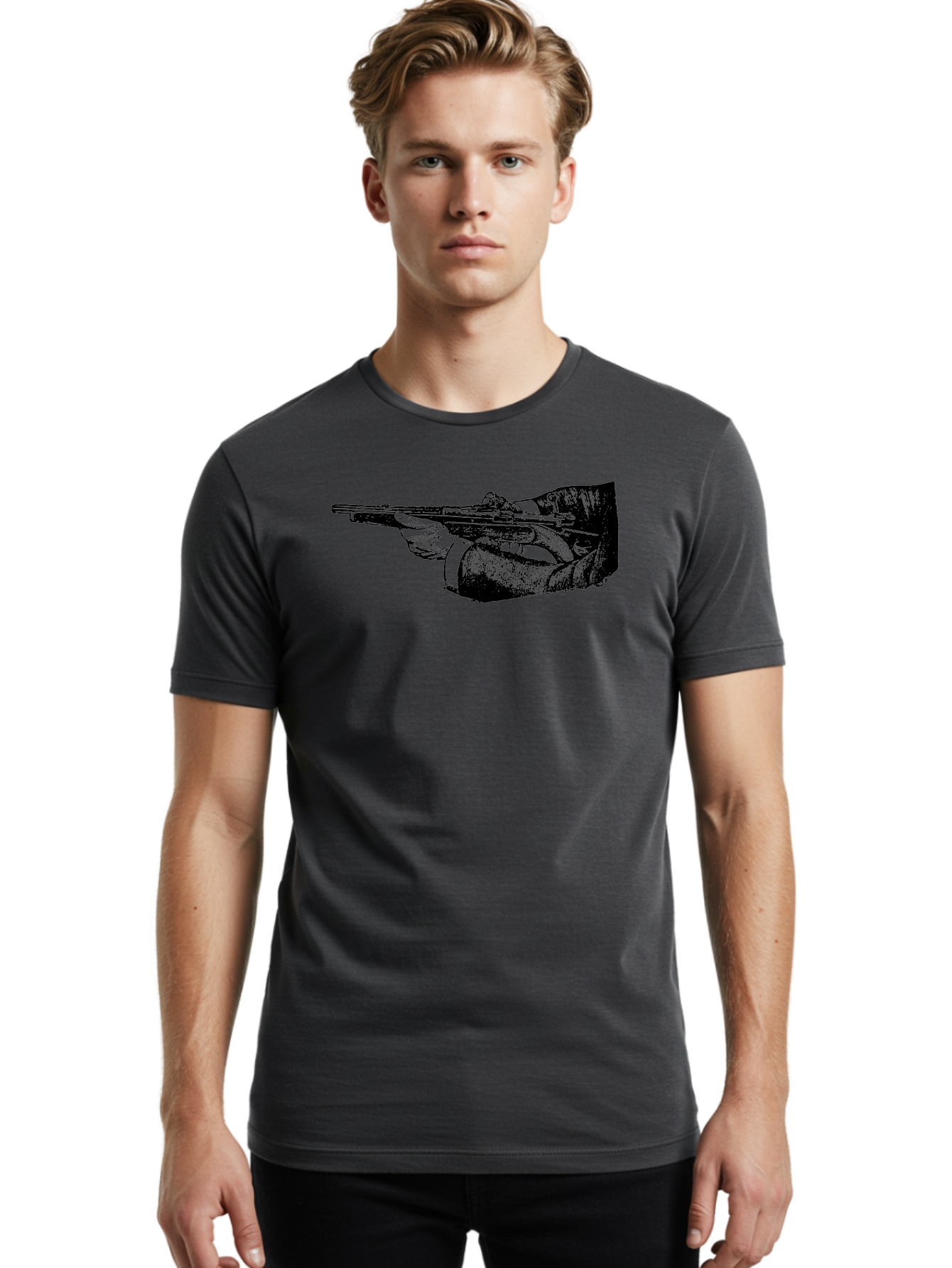 Hand-Holding-Rifle Men'S Graphic Tee, 100% Cotton, Comfortable Casual Summer Wear, Machine Washable, Rifle In Hand, Gun Illustration, Vintage Art, Firearm Graphic, Black And White, Shooter Illustration, Handgun Artwork Aad538