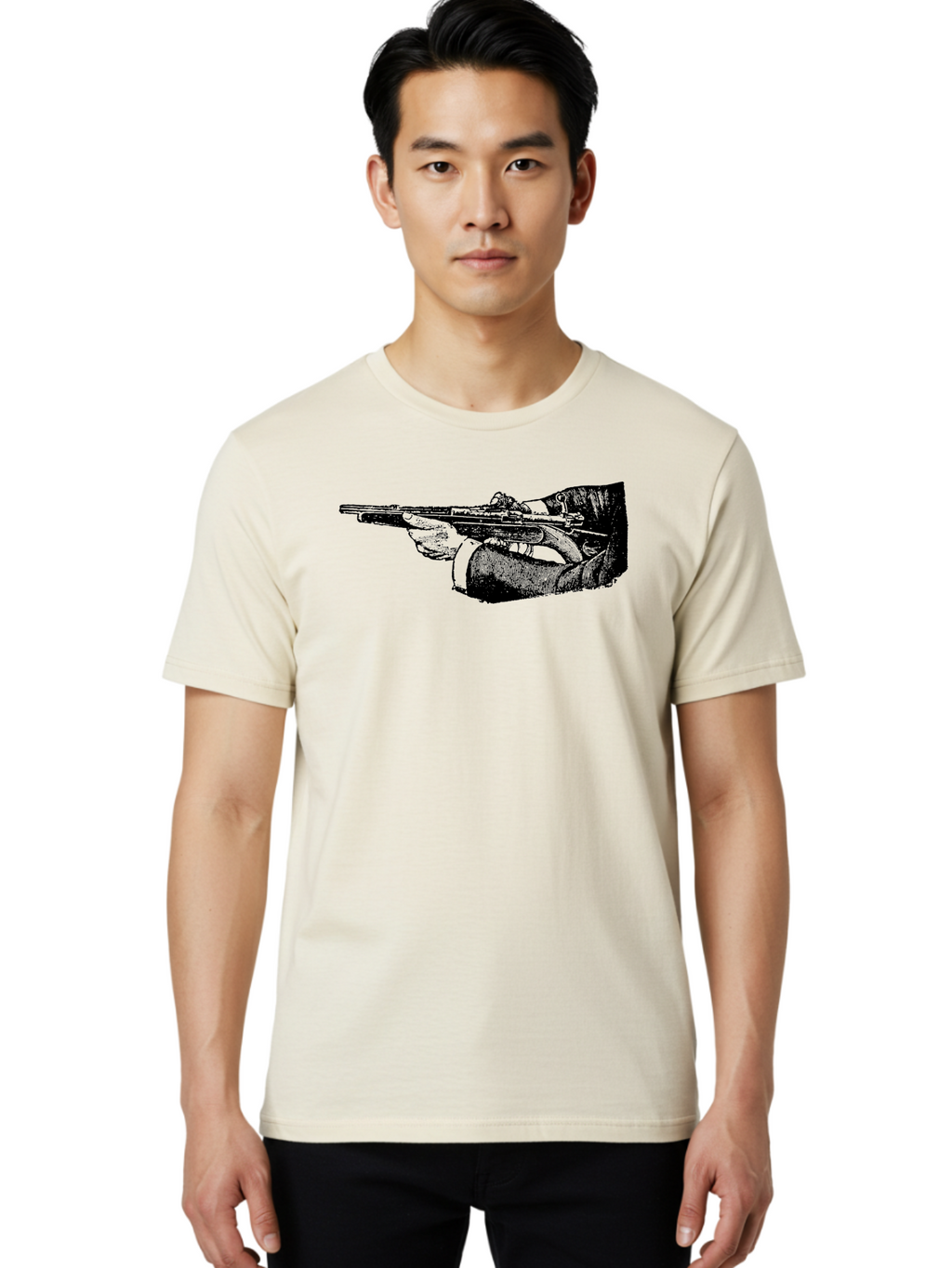 Hand-Holding-Rifle Men'S Graphic Tee, 100% Cotton, Comfortable Casual Summer Wear, Machine Washable, Rifle In Hand, Gun Illustration, Vintage Art, Firearm Graphic, Black And White, Shooter Illustration, Handgun Artwork Aad538