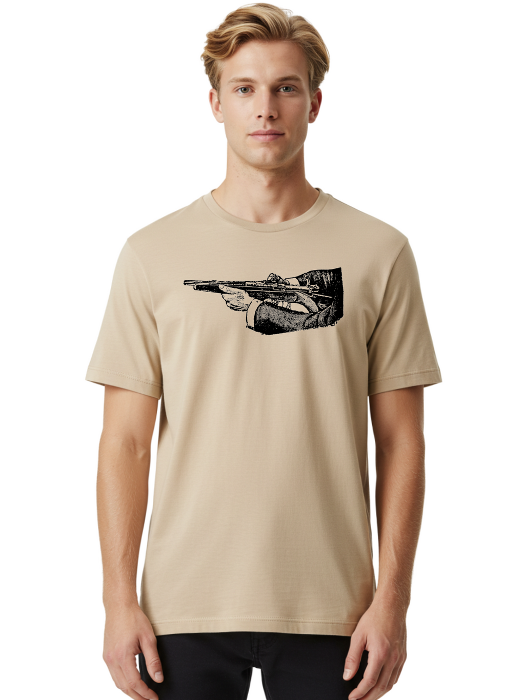 Hand-Holding-Rifle Men'S Graphic Tee, 100% Cotton, Comfortable Casual Summer Wear, Machine Washable, Rifle In Hand, Gun Illustration, Vintage Art, Firearm Graphic, Black And White, Shooter Illustration, Handgun Artwork Aad538