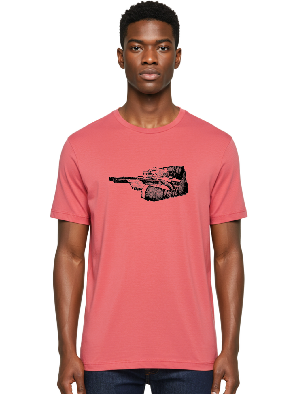 Hands-Holding-Gun Men'S Graphic Tee, 100% Cotton, Comfortable Casual Summer Wear, Machine Washable, Hand Holding Gun, Futuristic Firearm, Cyberpunk Aesthetic, Sci-Fi Weapon, Black And Green Illustration, Military Gear, Tactical Equipment Aad539