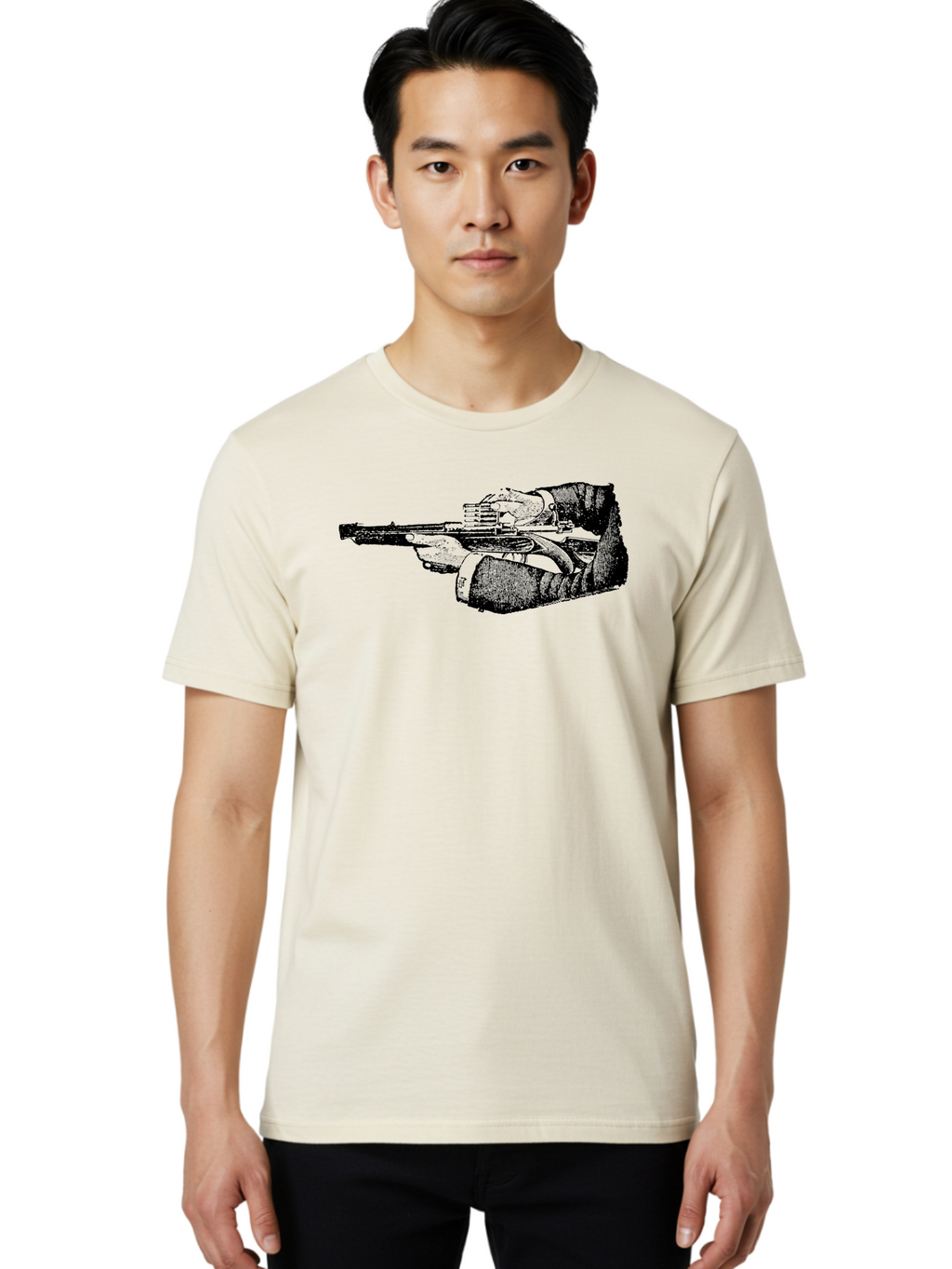 Hands-Holding-Gun Men'S Graphic Tee, 100% Cotton, Comfortable Casual Summer Wear, Machine Washable, Hand Holding Gun, Futuristic Firearm, Cyberpunk Aesthetic, Sci-Fi Weapon, Black And Green Illustration, Military Gear, Tactical Equipment Aad539