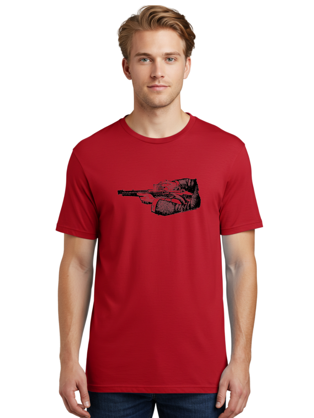 Hands-Holding-Gun Men'S Graphic Tee, 100% Cotton, Comfortable Casual Summer Wear, Machine Washable, Hand Holding Gun, Futuristic Firearm, Cyberpunk Aesthetic, Sci-Fi Weapon, Black And Green Illustration, Military Gear, Tactical Equipment Aad539