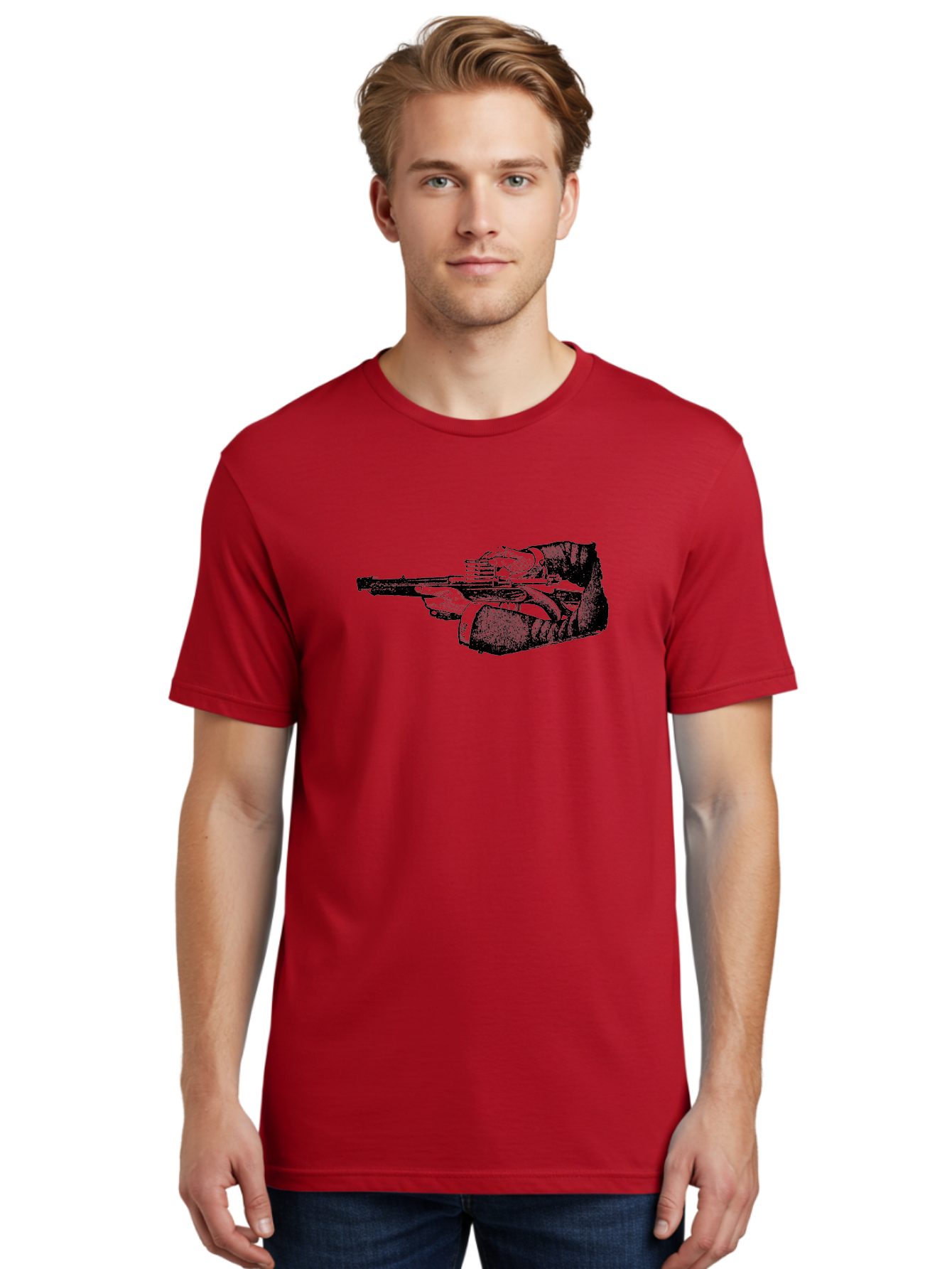 Hands-Holding-Gun Men'S Graphic Tee, 100% Cotton, Comfortable Casual Summer Wear, Machine Washable, Hand Holding Gun, Futuristic Firearm, Cyberpunk Aesthetic, Sci-Fi Weapon, Black And Green Illustration, Military Gear, Tactical Equipment Aad539