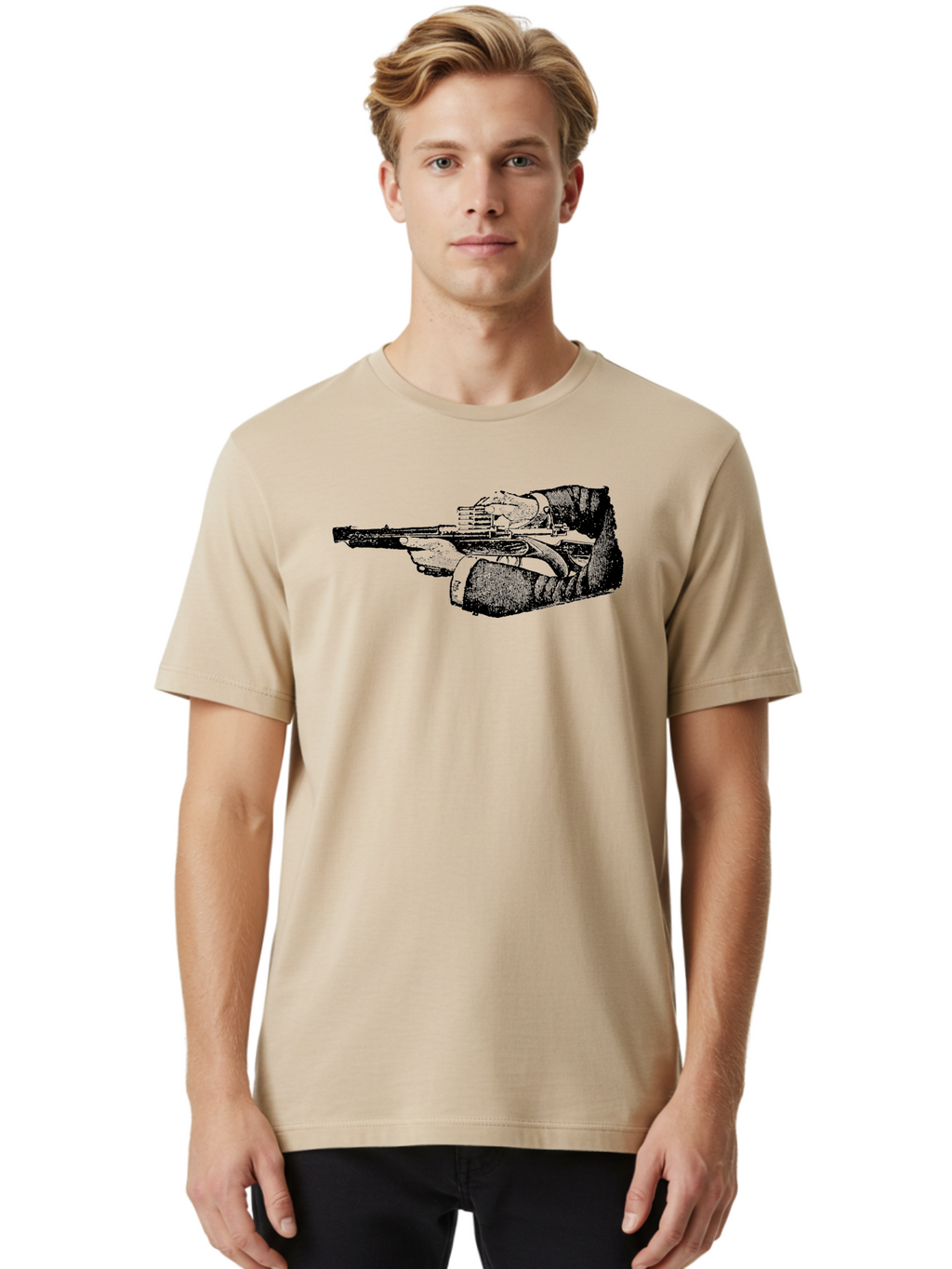 Hands-Holding-Gun Men'S Graphic Tee, 100% Cotton, Comfortable Casual Summer Wear, Machine Washable, Hand Holding Gun, Futuristic Firearm, Cyberpunk Aesthetic, Sci-Fi Weapon, Black And Green Illustration, Military Gear, Tactical Equipment Aad539