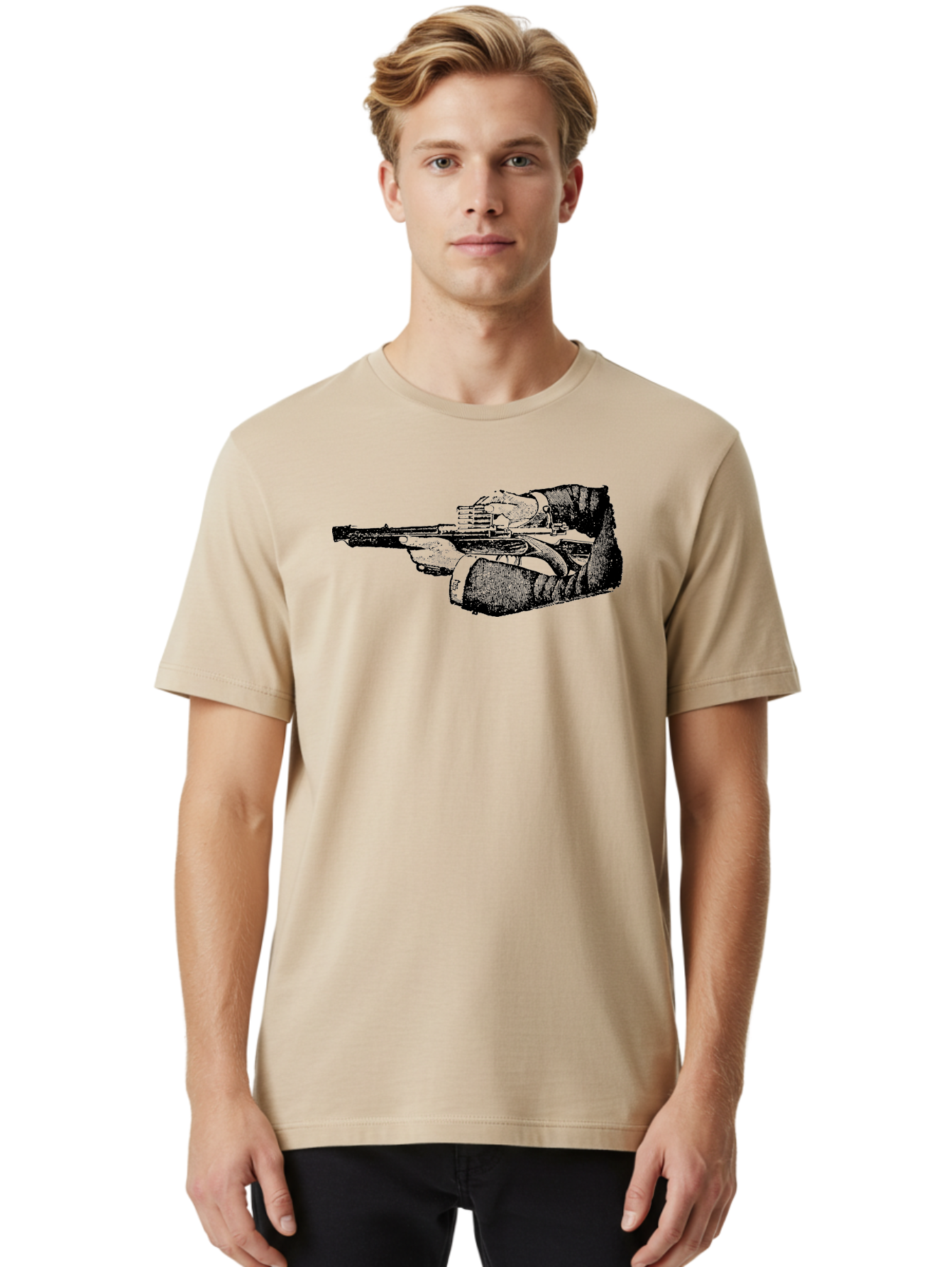 Hands-Holding-Gun Men'S Graphic Tee, 100% Cotton, Comfortable Casual Summer Wear, Machine Washable, Hand Holding Gun, Futuristic Firearm, Cyberpunk Aesthetic, Sci-Fi Weapon, Black And Green Illustration, Military Gear, Tactical Equipment Aad539