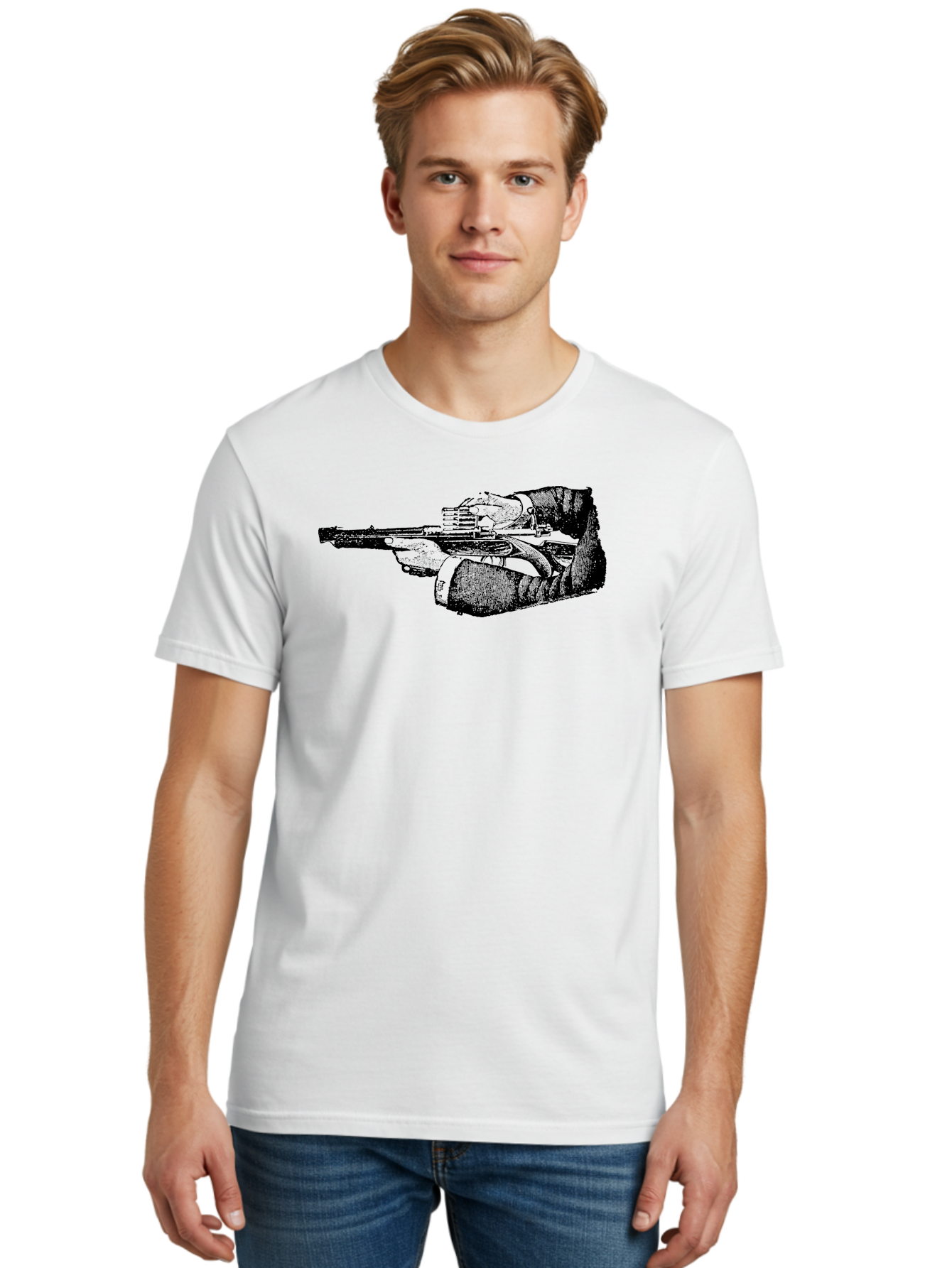 Hands-Holding-Gun Men'S Graphic Tee, 100% Cotton, Comfortable Casual Summer Wear, Machine Washable, Hand Holding Gun, Futuristic Firearm, Cyberpunk Aesthetic, Sci-Fi Weapon, Black And Green Illustration, Military Gear, Tactical Equipment Aad539