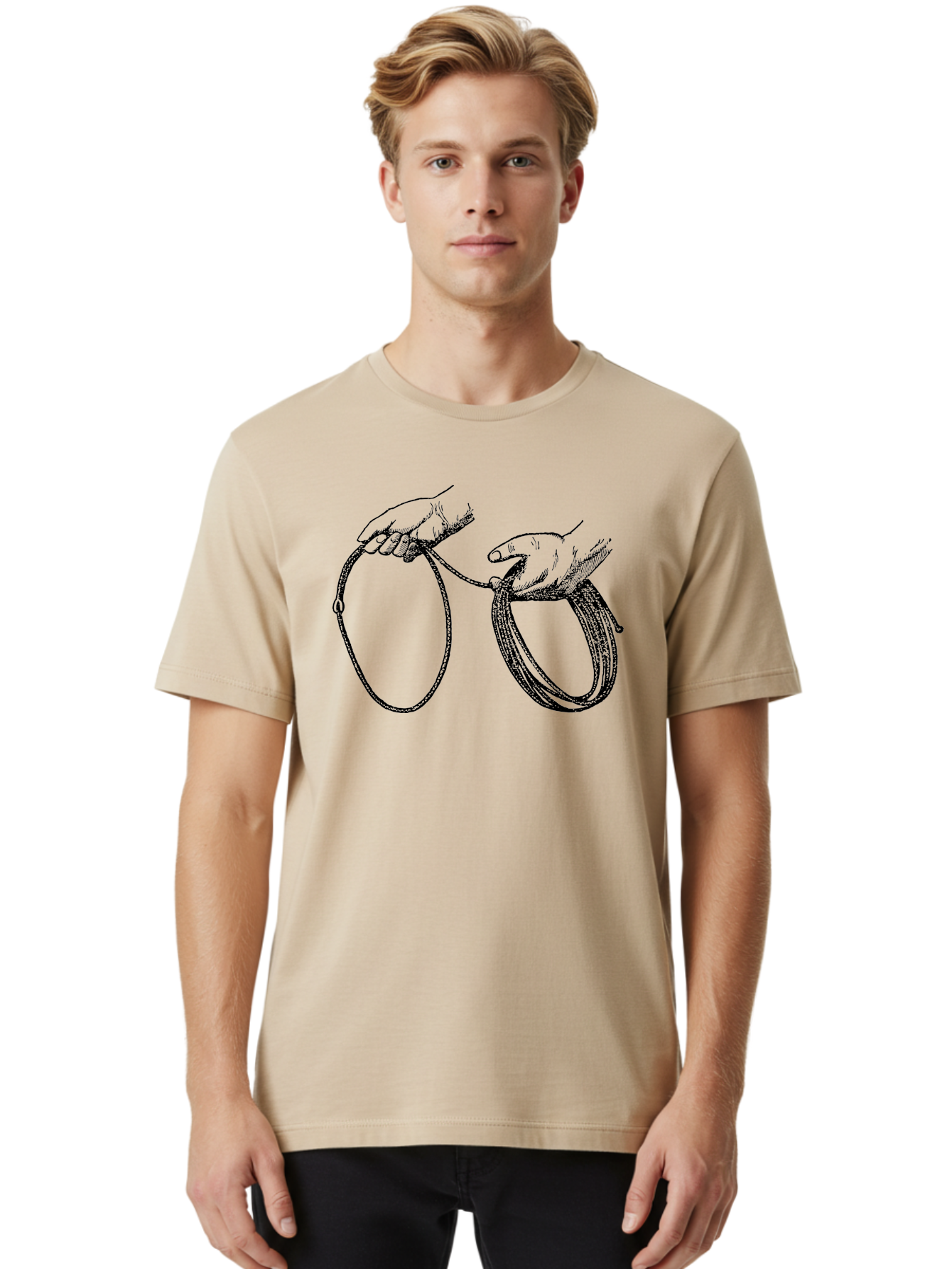 Hands-Holding-Rope Men'S Graphic Tee, 100% Cotton, Comfortable Casual Summer Wear, Machine Washable, Rope In Hands, Entwined Hands, Hand Gesture, Rope Manipulation, Illustration Art, Monochrome Design, Hand-Drawn Image Aad540