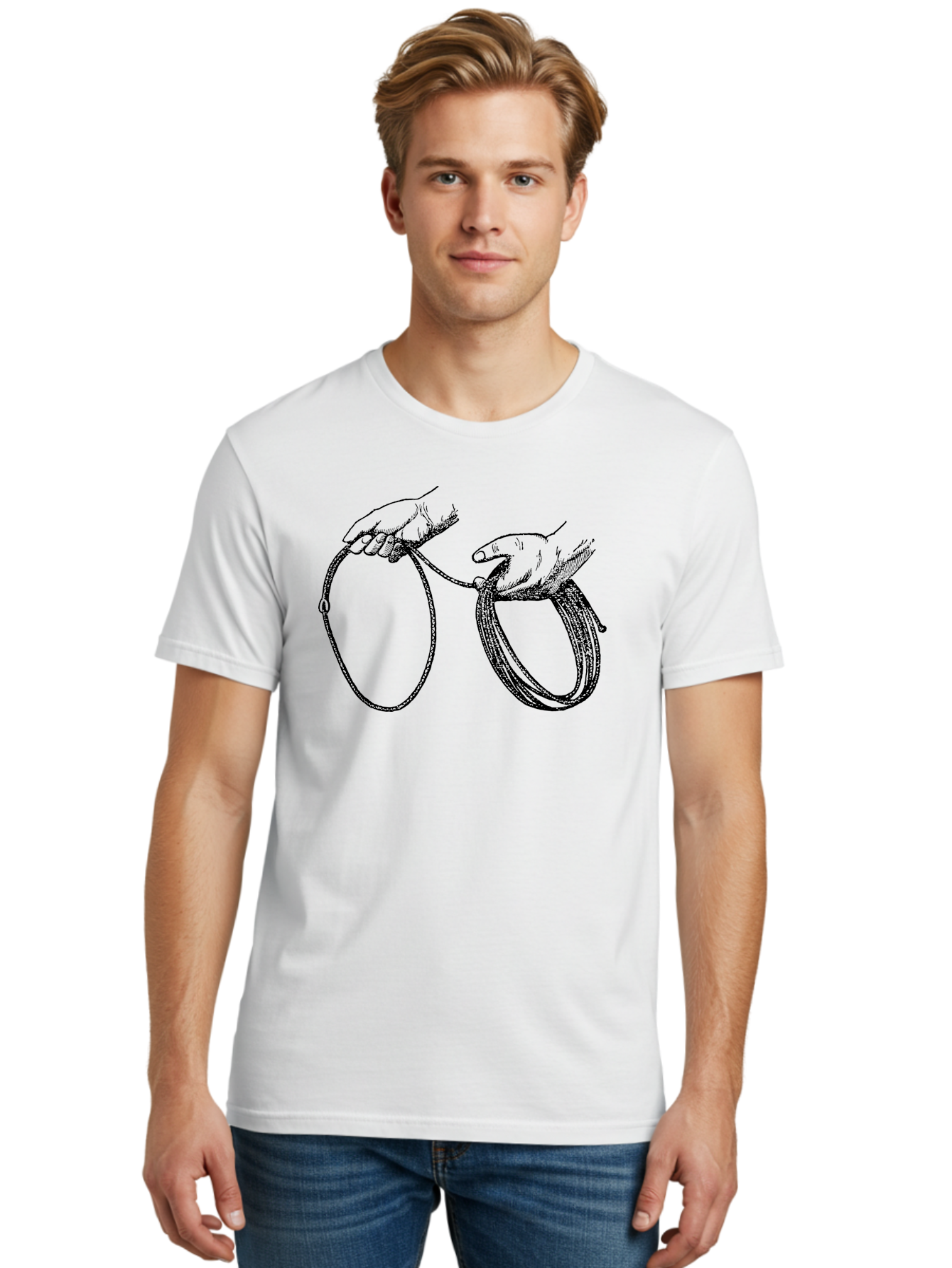 Hands-Holding-Rope Men'S Graphic Tee, 100% Cotton, Comfortable Casual Summer Wear, Machine Washable, Rope In Hands, Entwined Hands, Hand Gesture, Rope Manipulation, Illustration Art, Monochrome Design, Hand-Drawn Image Aad540