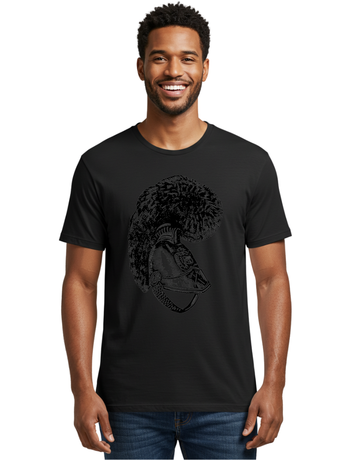 Helmet-With-Plume Men'S Graphic Tee, 100% Cotton, Comfortable Casual Summer Wear, Machine Washable, Medieval Knight Helmet, Metal Armor, Feathered Crest, Vintage Design, Warrior'S Gear, Historical Illustration, Ornate Details, Aad541